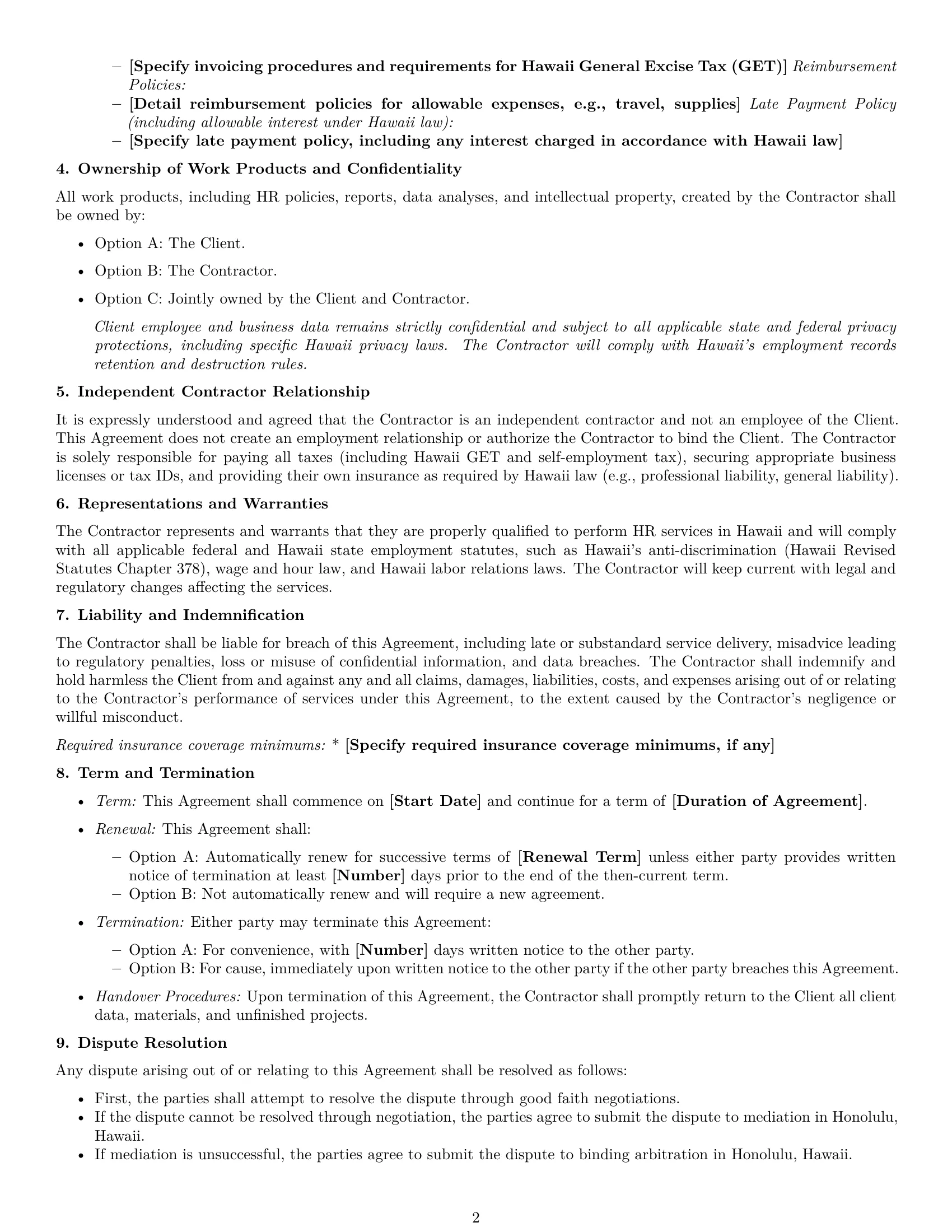 Preview page 2 of Free Hawaii hr independent contractor agreement template