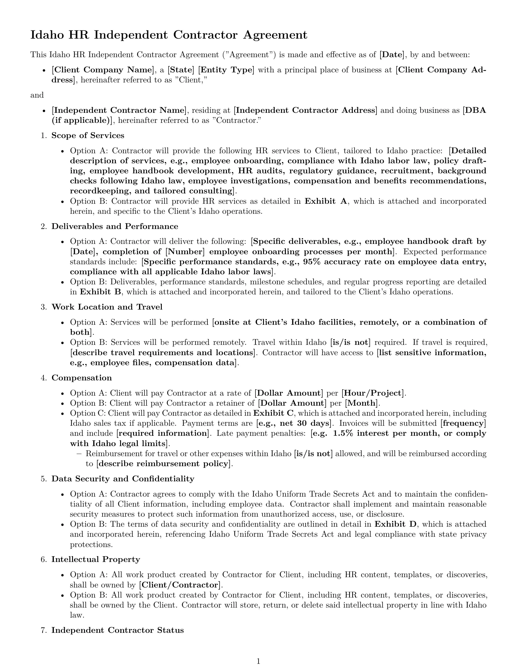 Preview page 1 of Free Idaho hr independent contractor agreement template