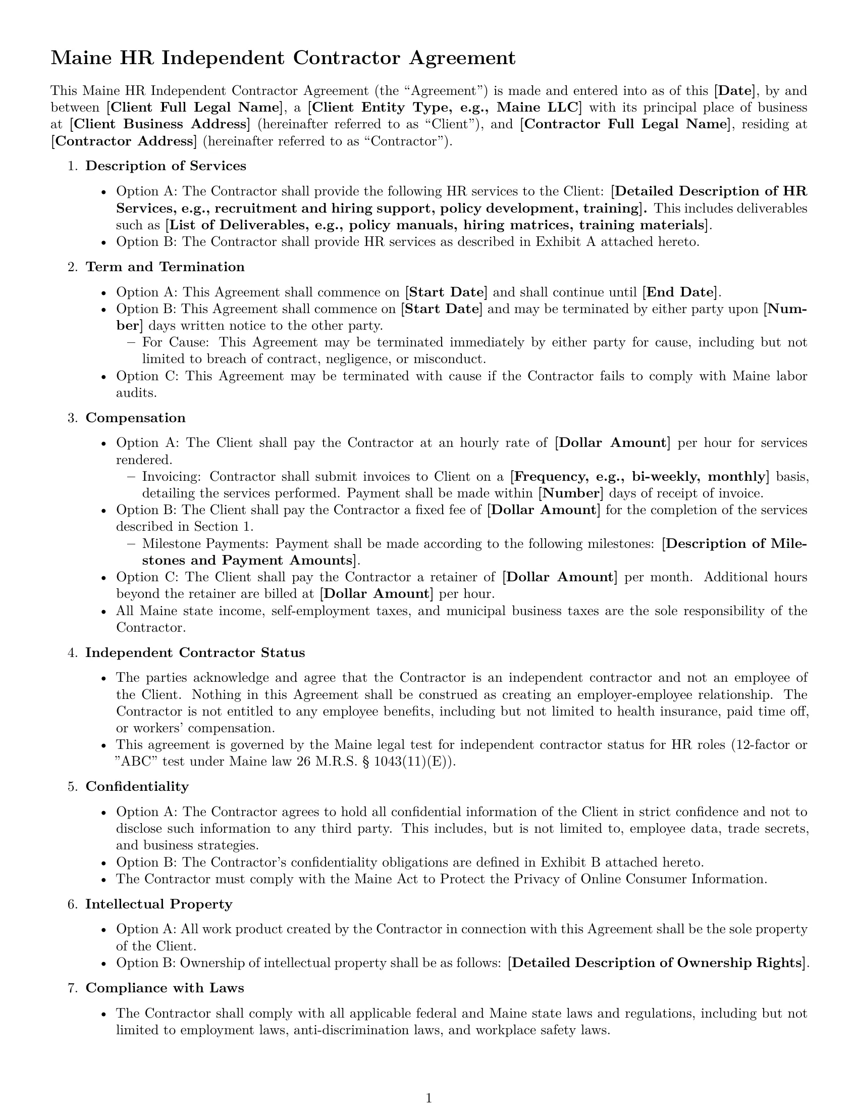 Preview page 1 of Free Maine hr independent contractor agreement template