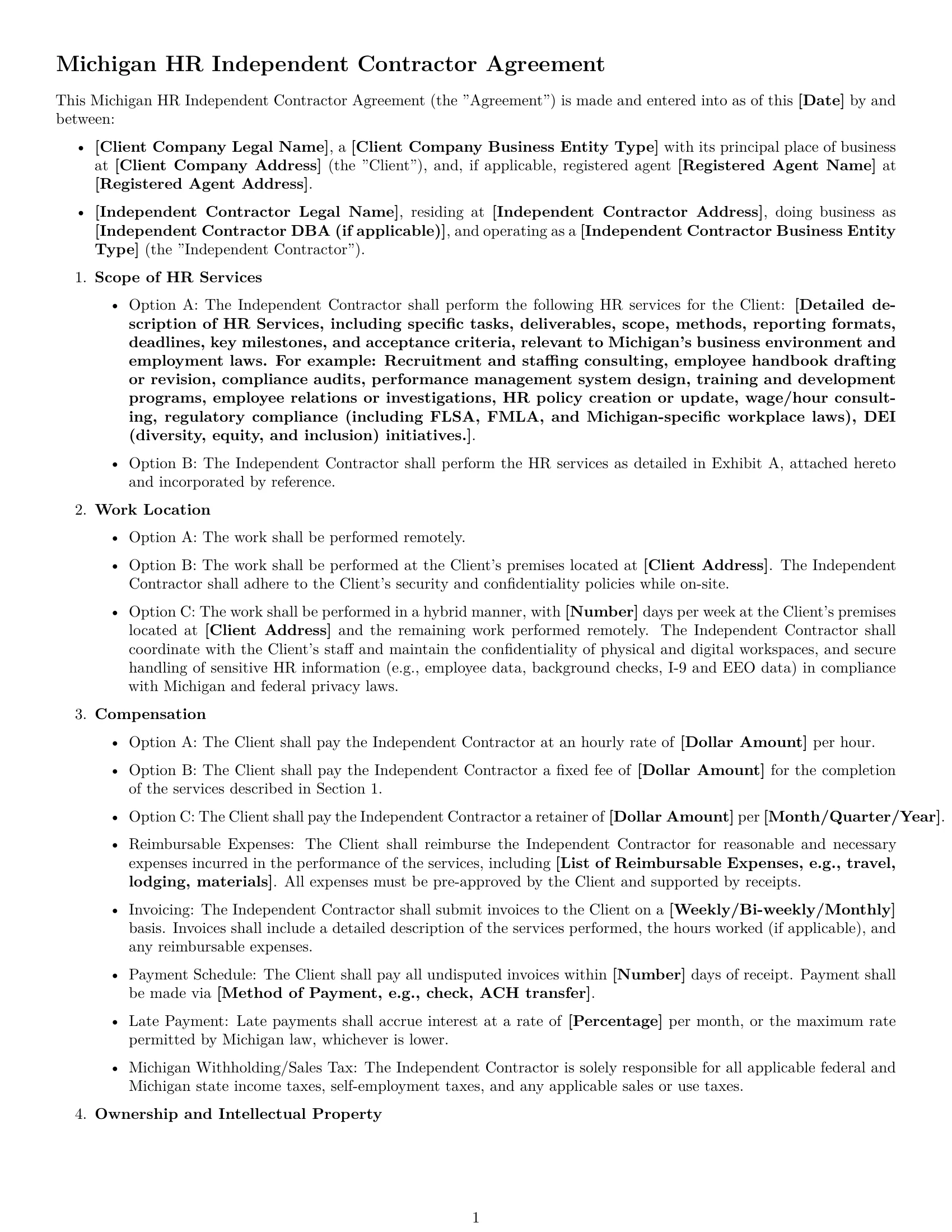 Preview page 1 of Free Michigan hr independent contractor agreement template