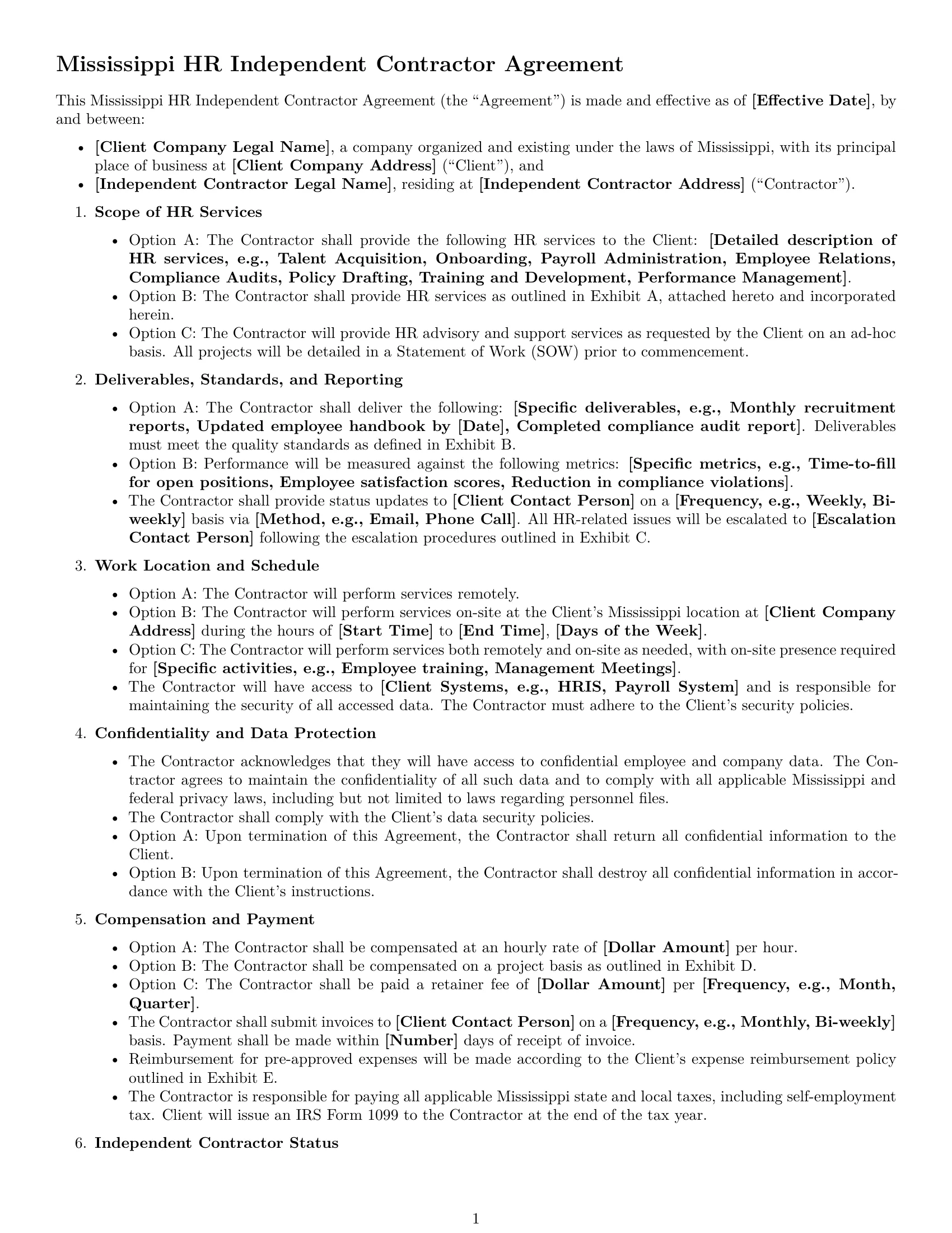 Preview page 1 of Free Mississippi hr independent contractor agreement template