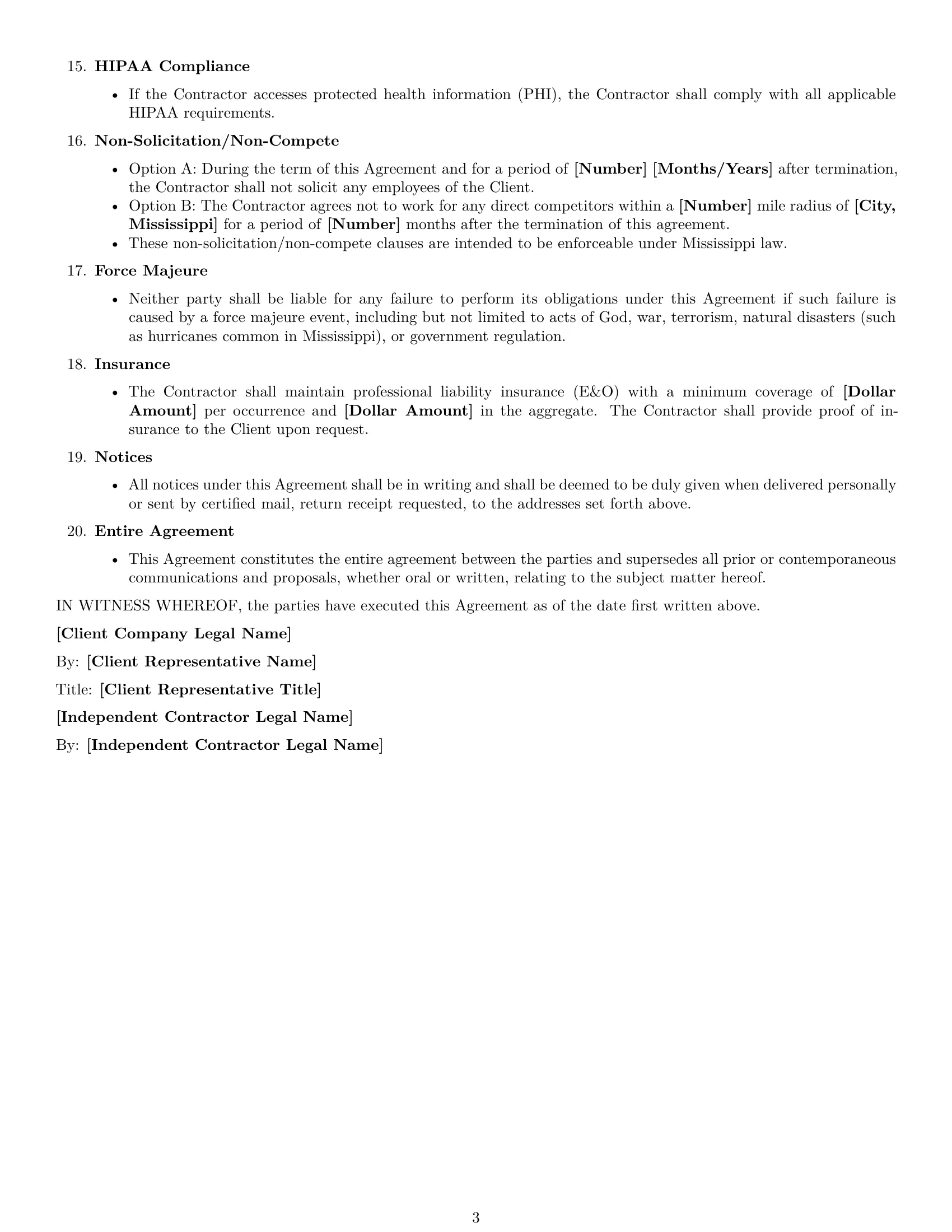Preview page 3 of Free Mississippi hr independent contractor agreement template