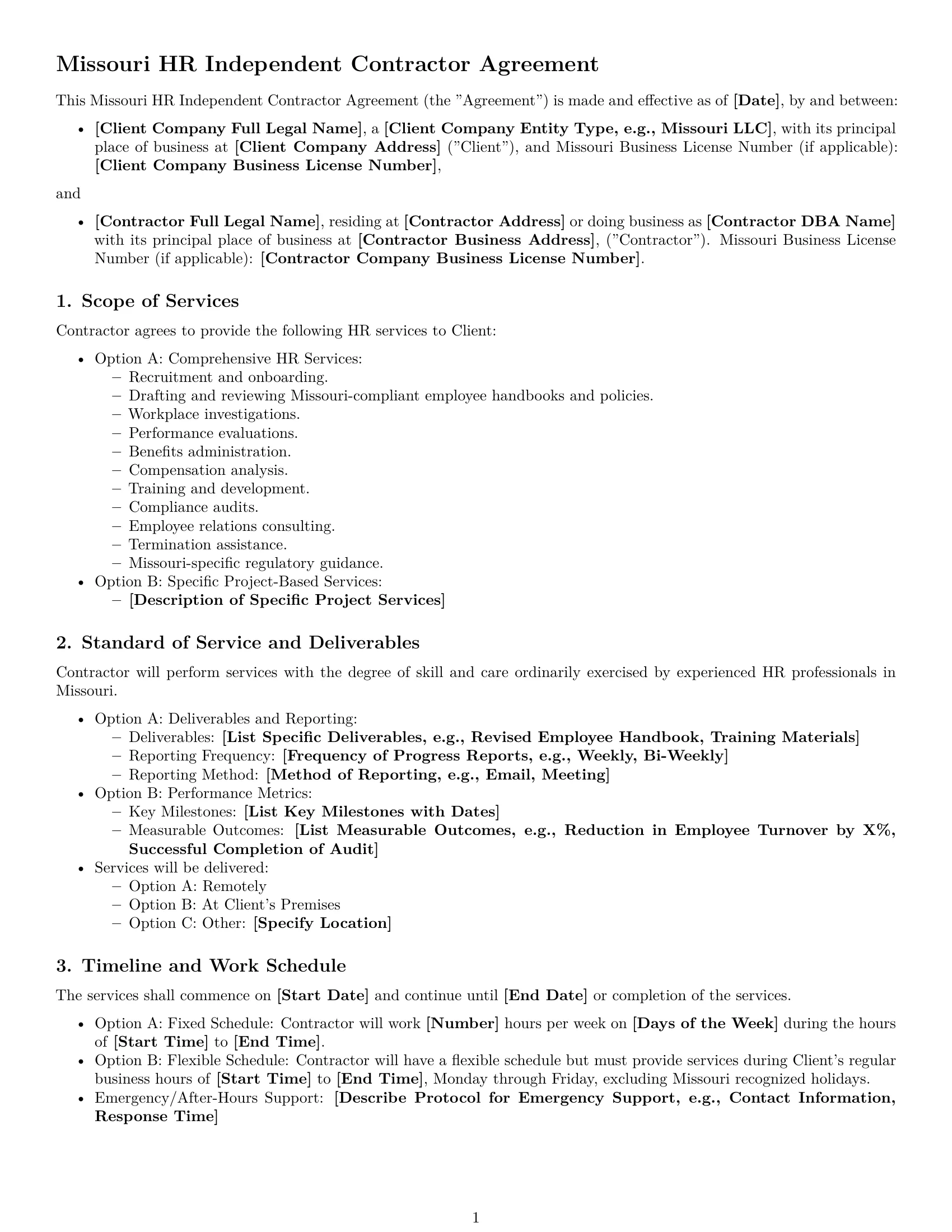 Preview page 1 of Free Missouri hr independent contractor agreement template