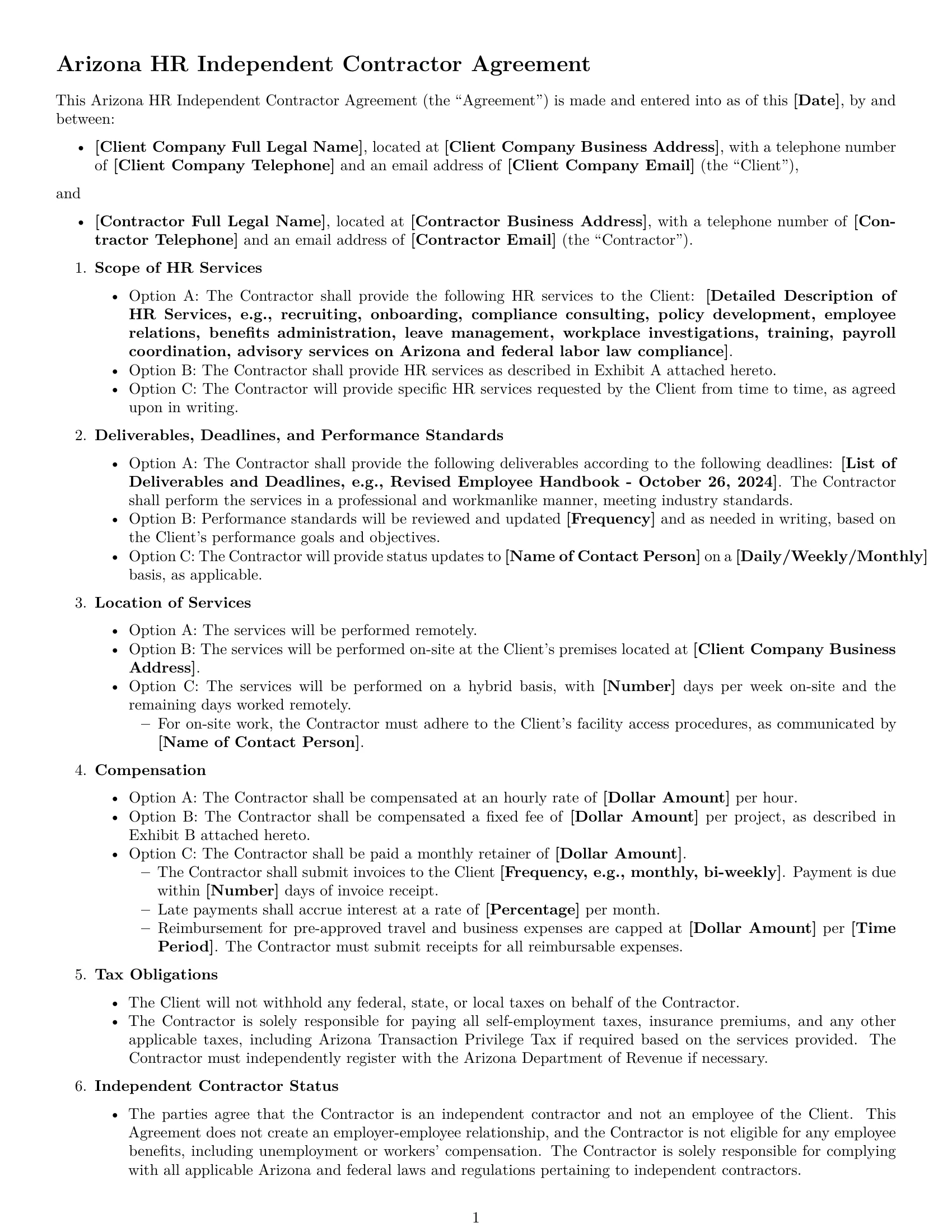 Preview page 1 of Free Arizona hr independent contractor agreement template