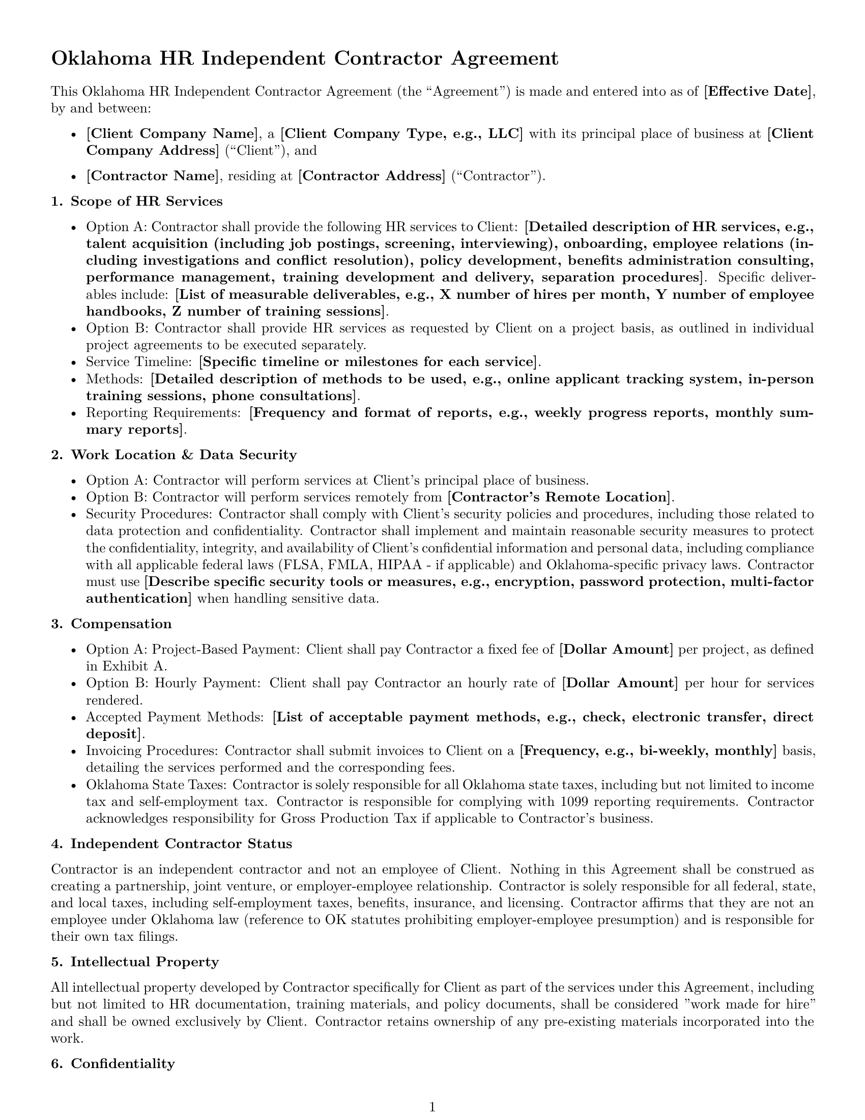 Preview page 1 of Free Oklahoma hr independent contractor agreement template