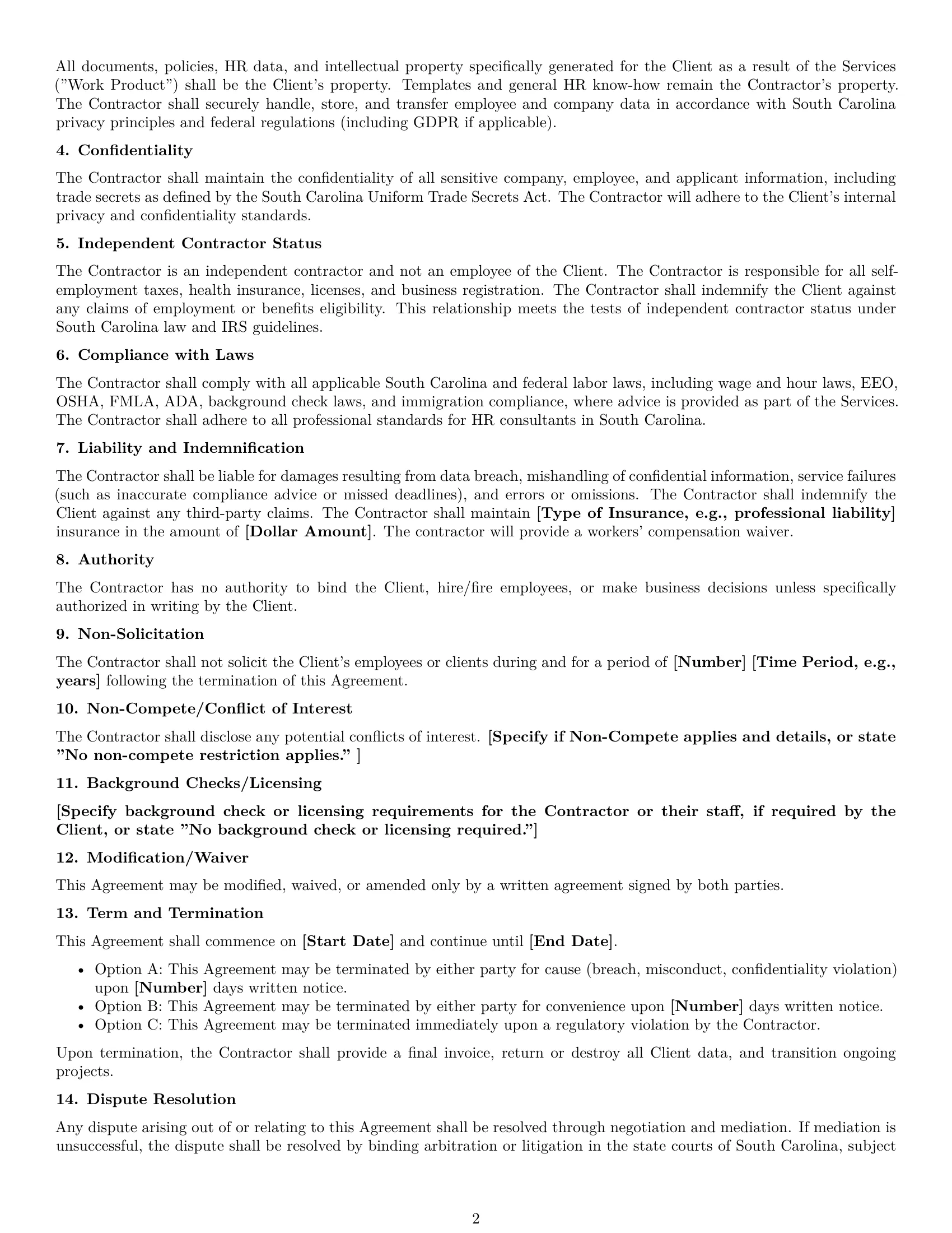 Preview page 2 of Free South Carolina hr independent contractor agreement template