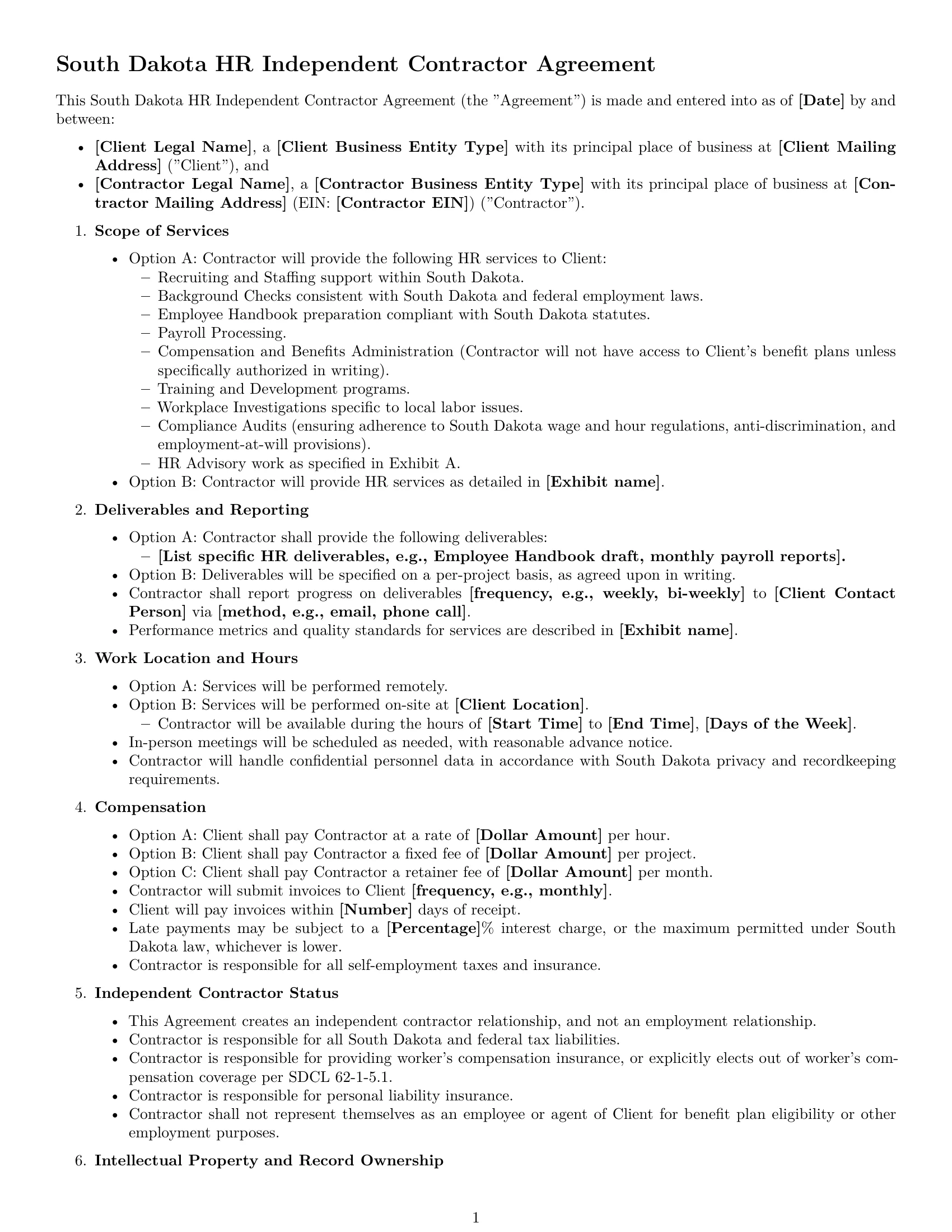 Preview page 1 of Free South Dakota hr independent contractor agreement template