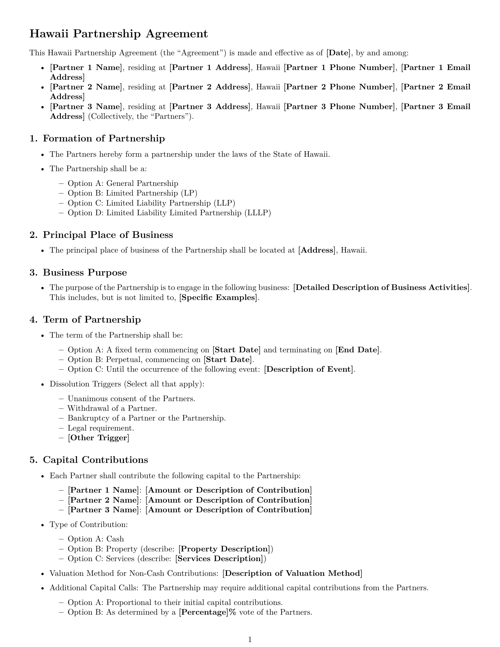 Preview page 1 of Free Hawaii partnership agreement template