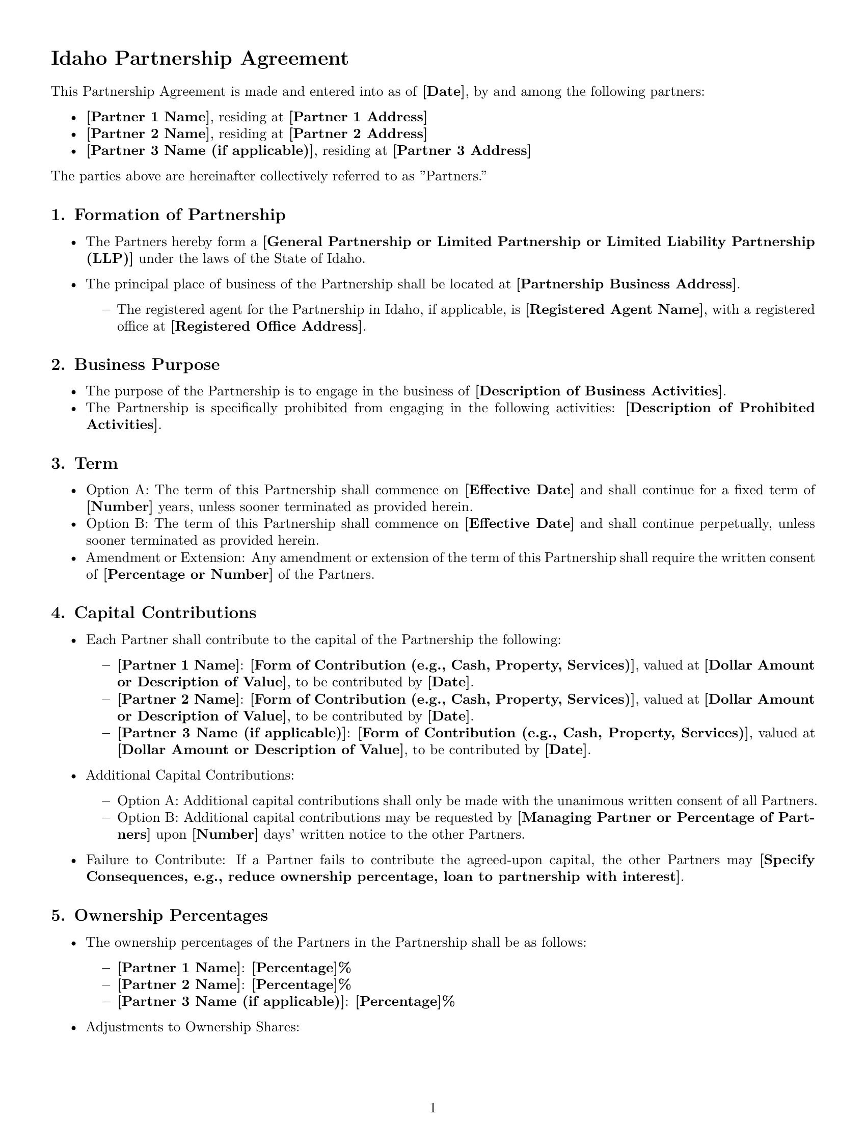 Preview page 1 of Free Idaho partnership agreement template