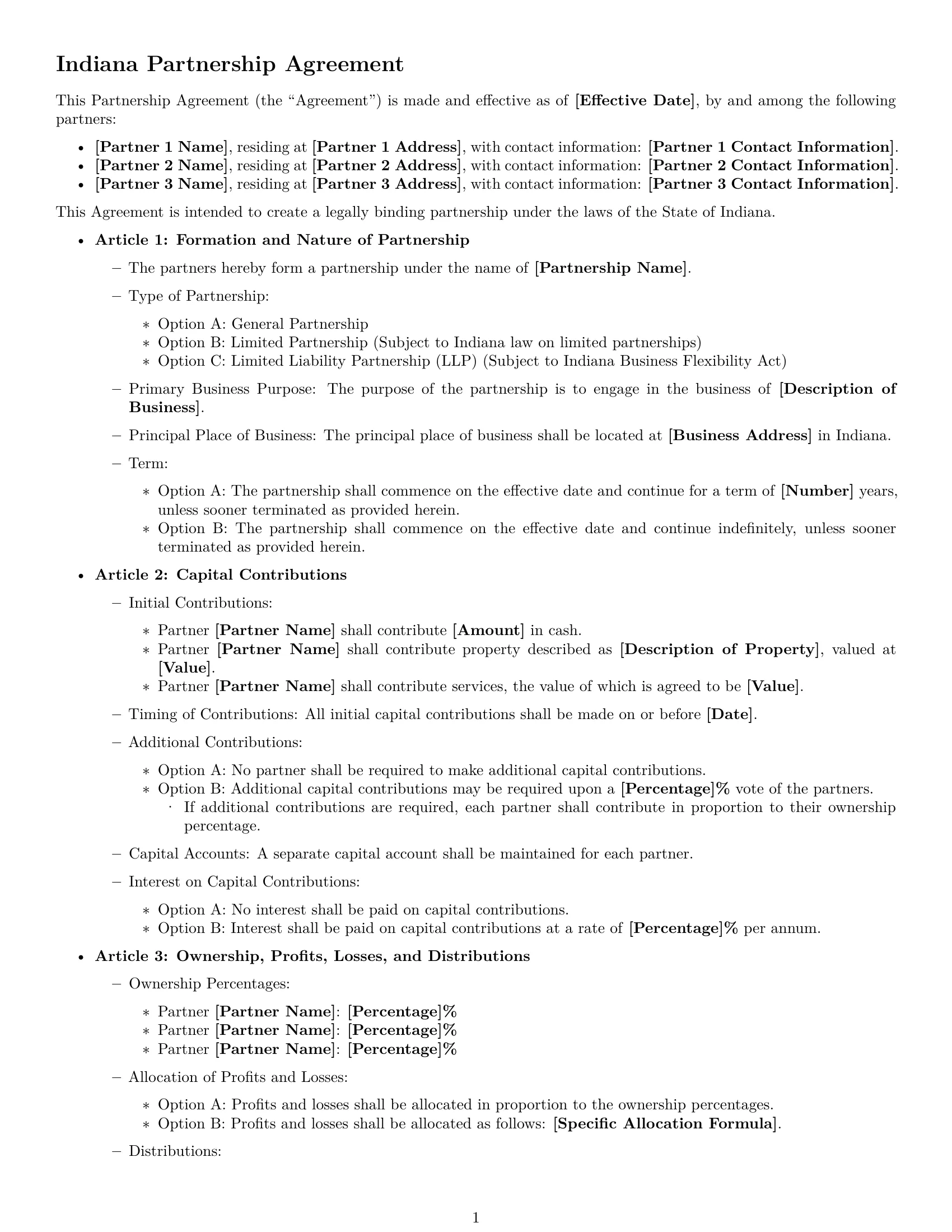 Preview page 1 of Free Indiana partnership agreement template