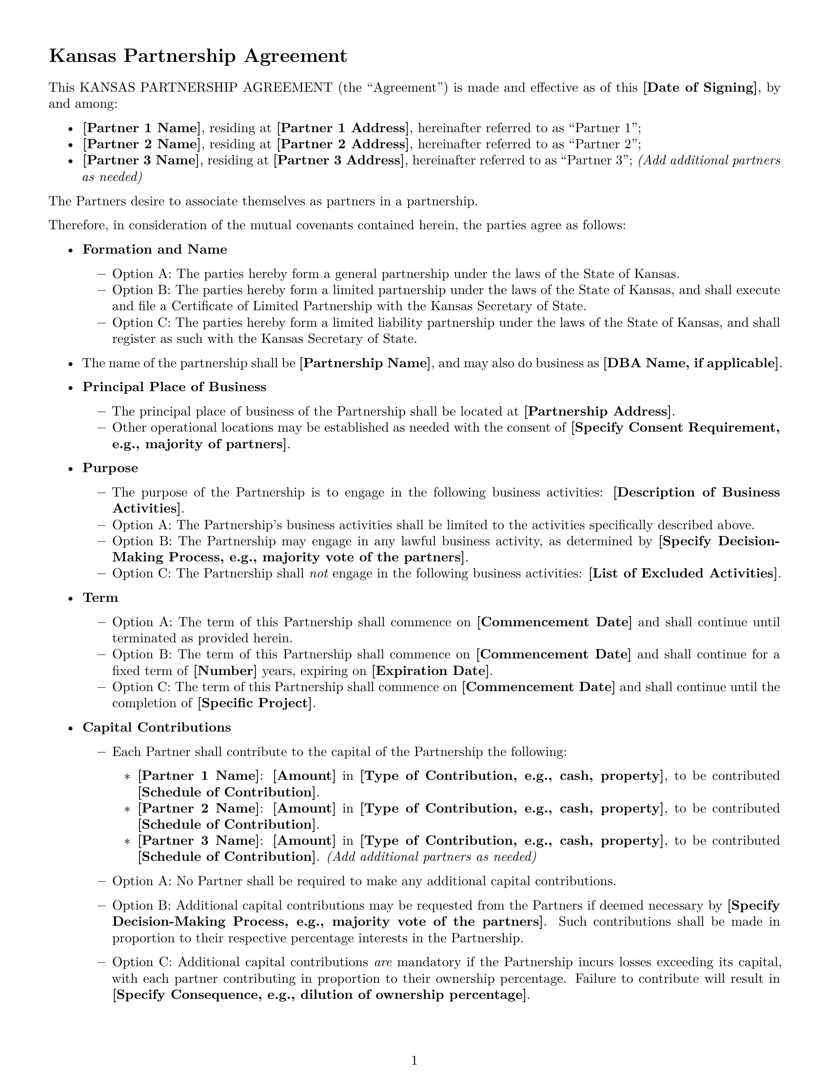 Preview page 1 of Free Kansas partnership agreement template