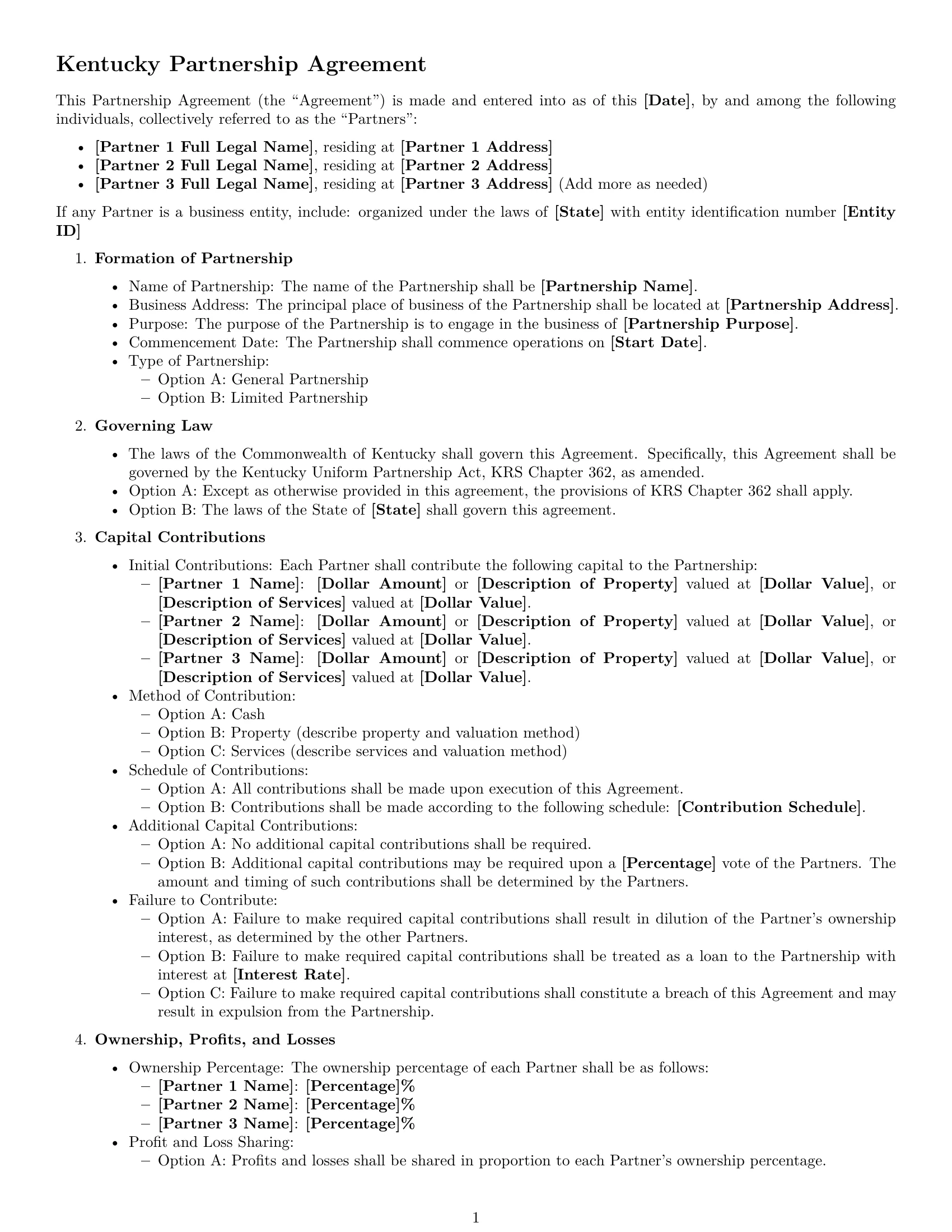 Preview page 1 of Free Kentucky partnership agreement template