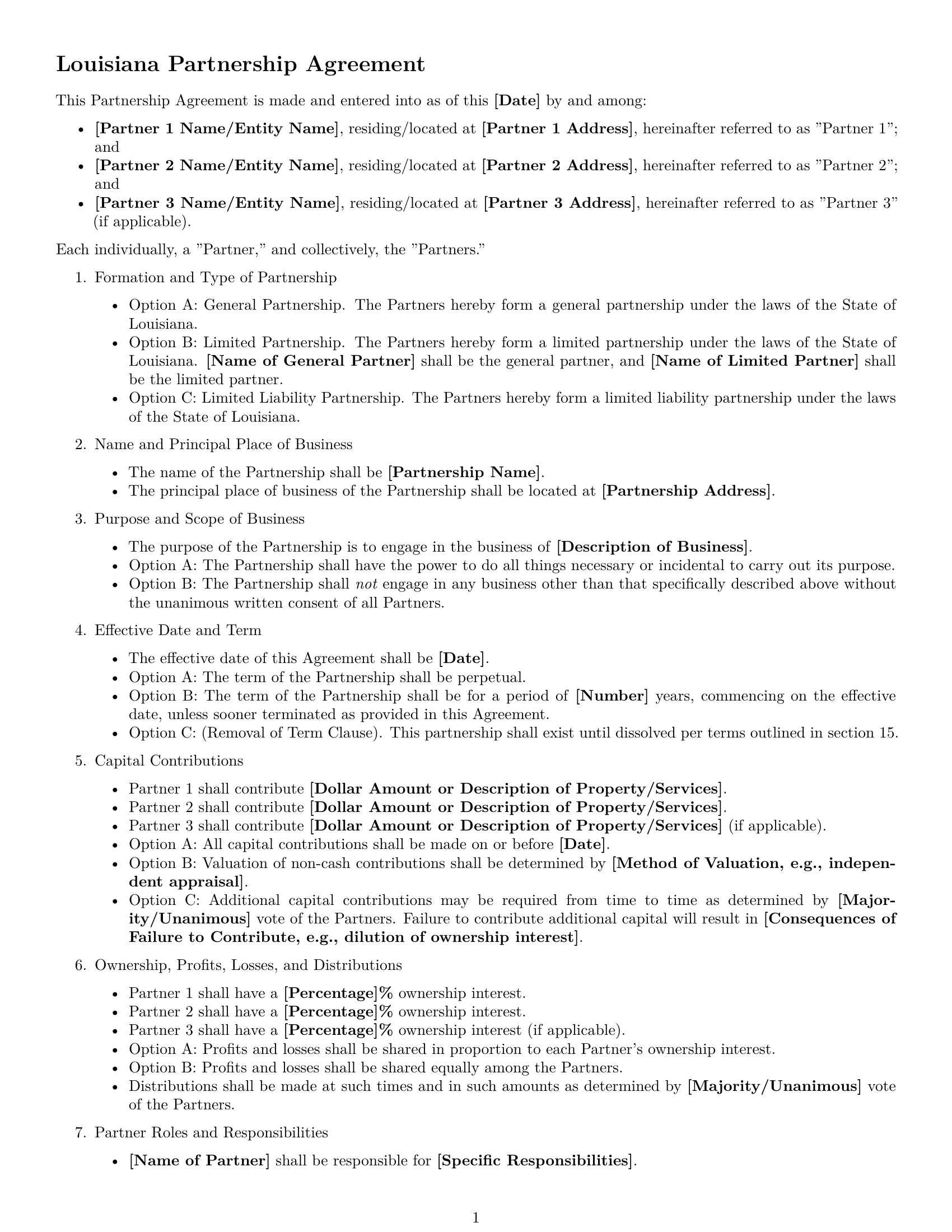 Preview page 1 of Free Louisiana partnership agreement template