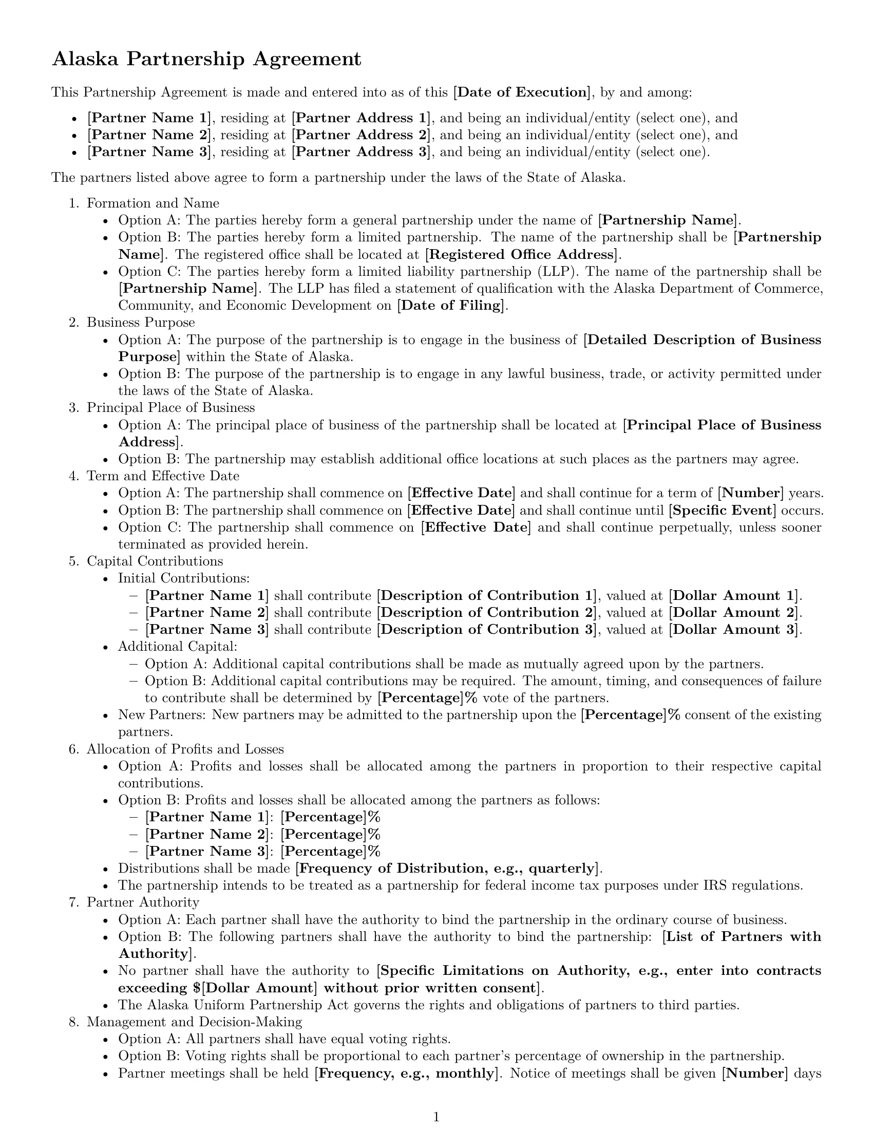Preview page 1 of Free Alaska partnership agreement template