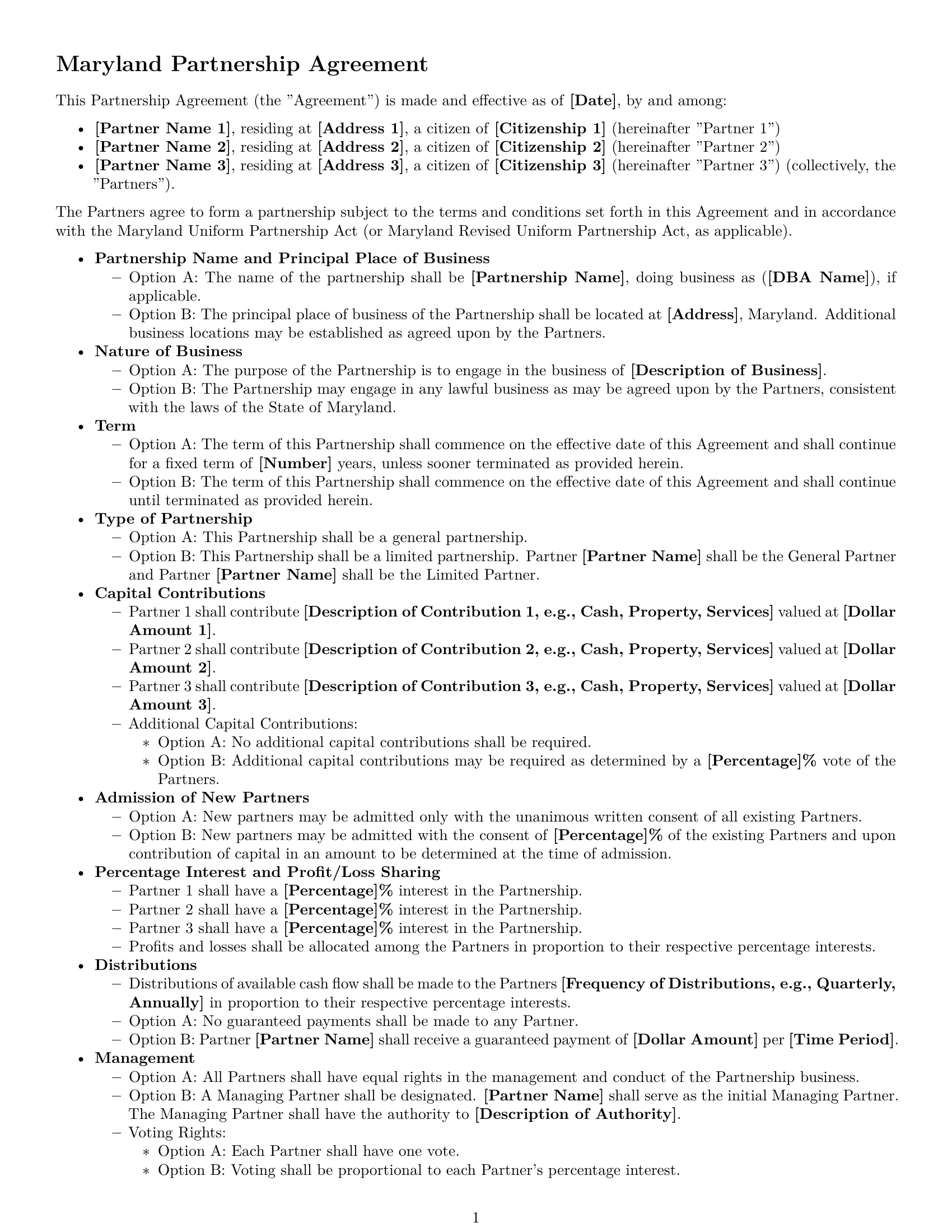 Preview page 1 of Free Maryland partnership agreement template
