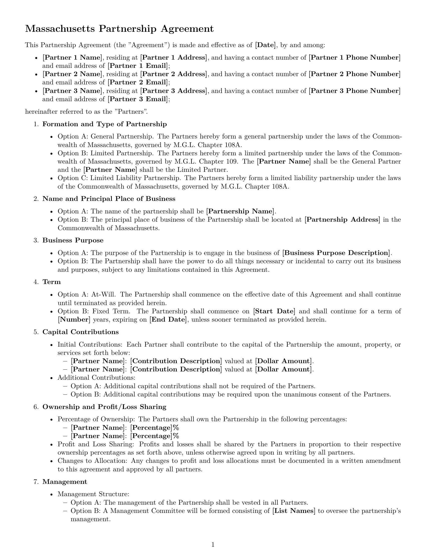 Preview page 1 of Free Massachusetts partnership agreement template