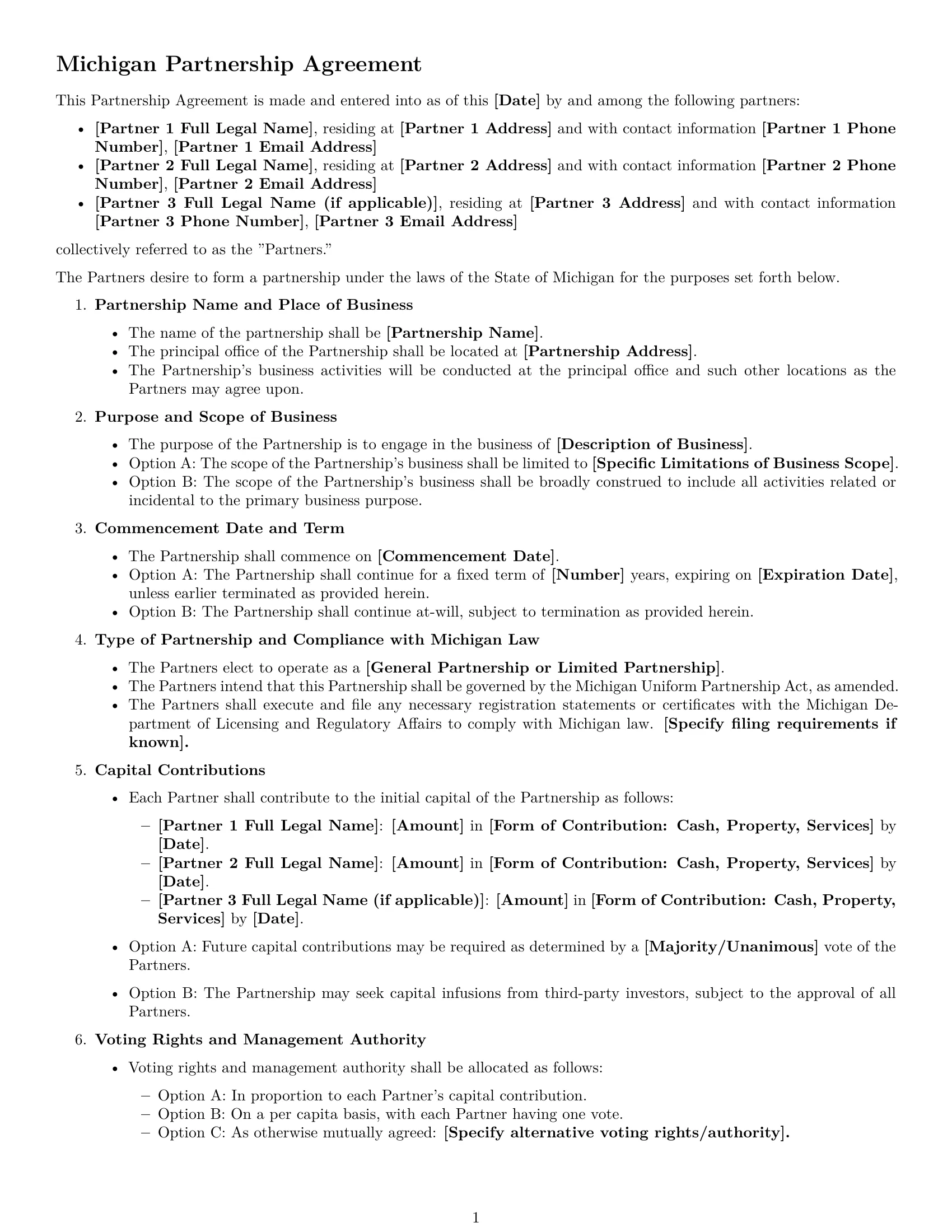 Preview page 1 of Free Michigan partnership agreement template