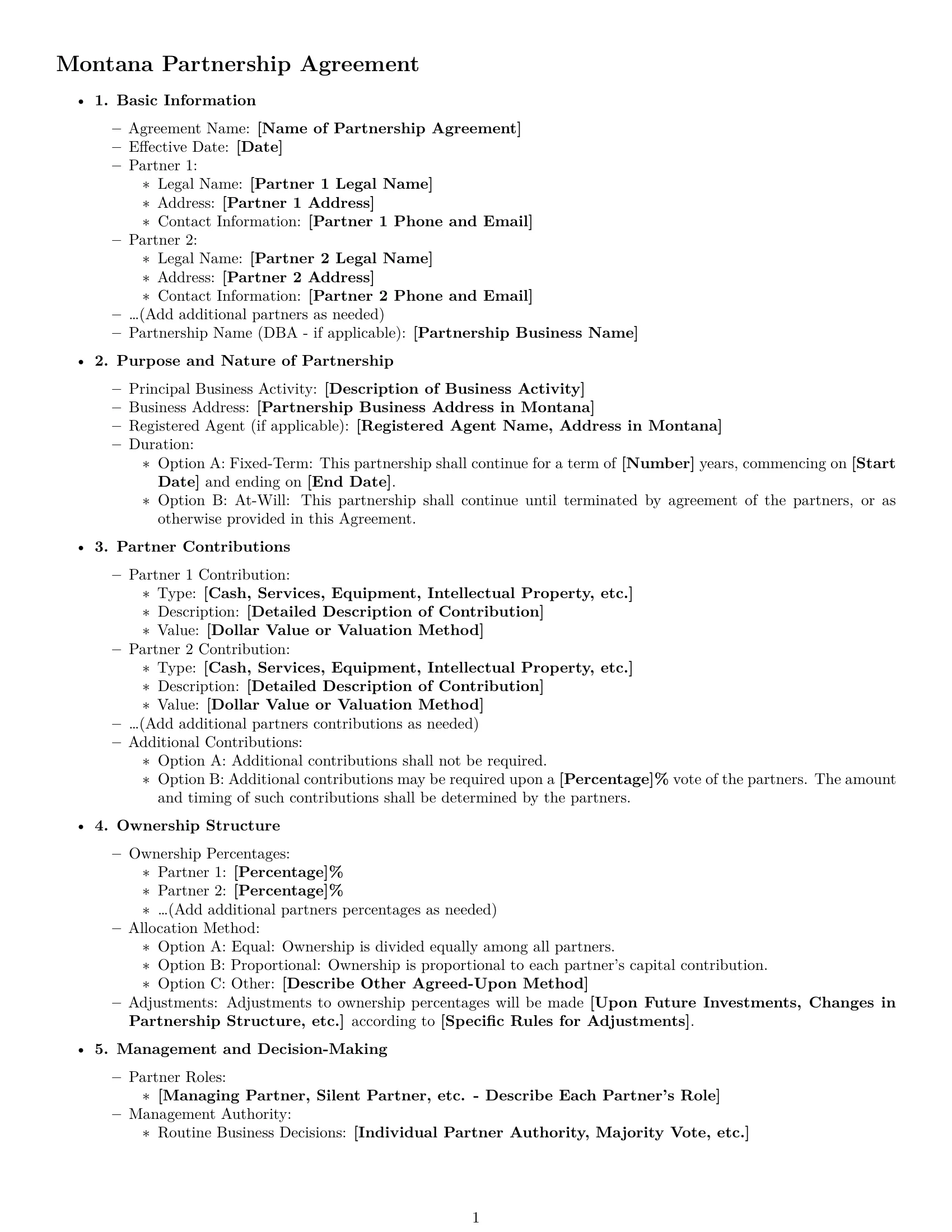 Preview page 1 of Free Montana partnership agreement template