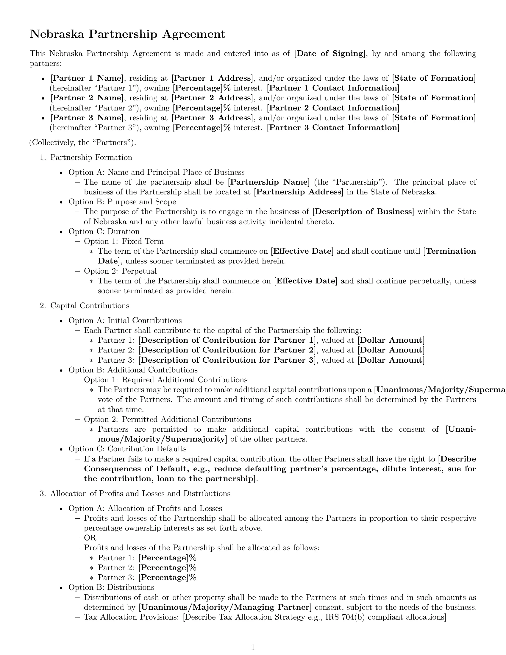 Preview page 1 of Free Nebraska partnership agreement template