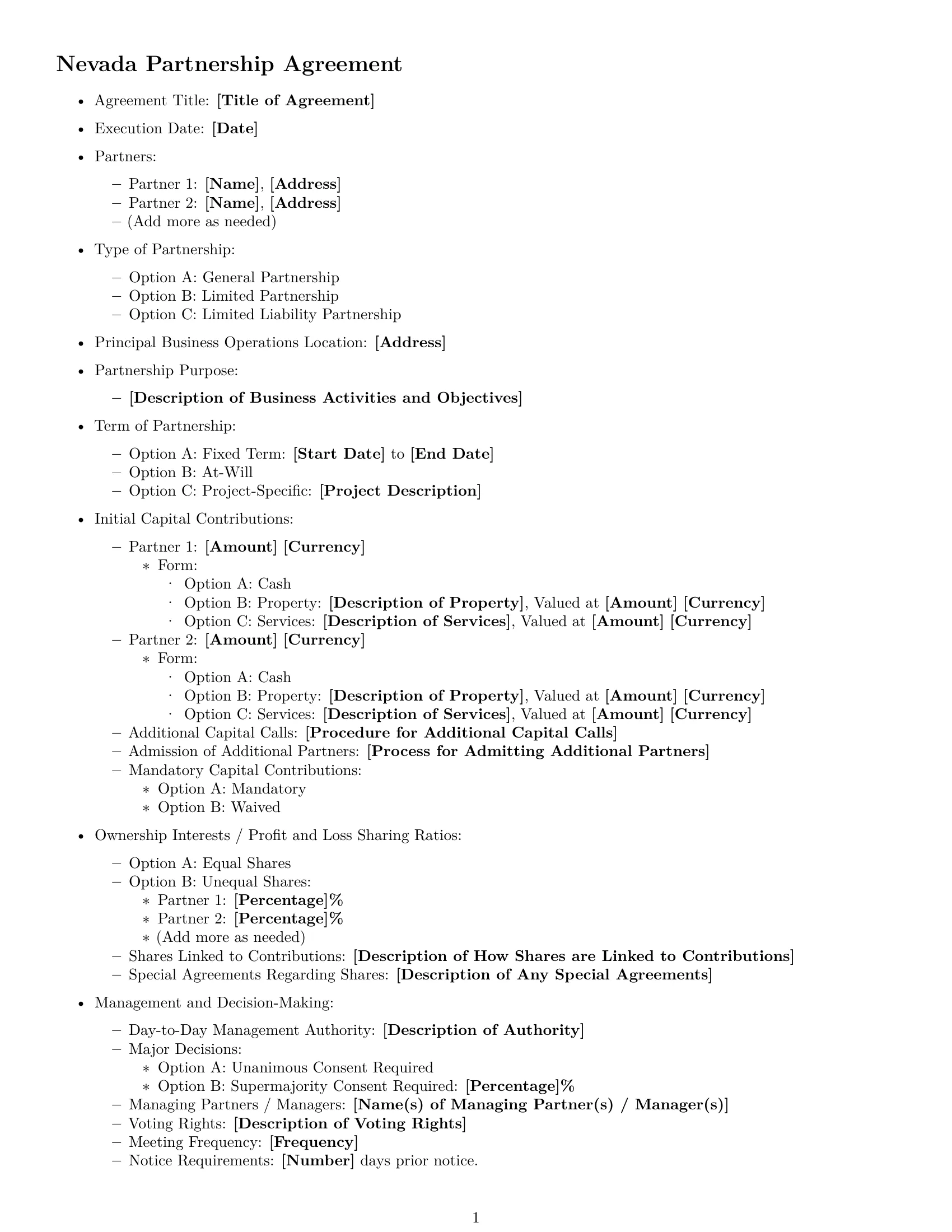 Preview page 1 of Free Nevada partnership agreement template