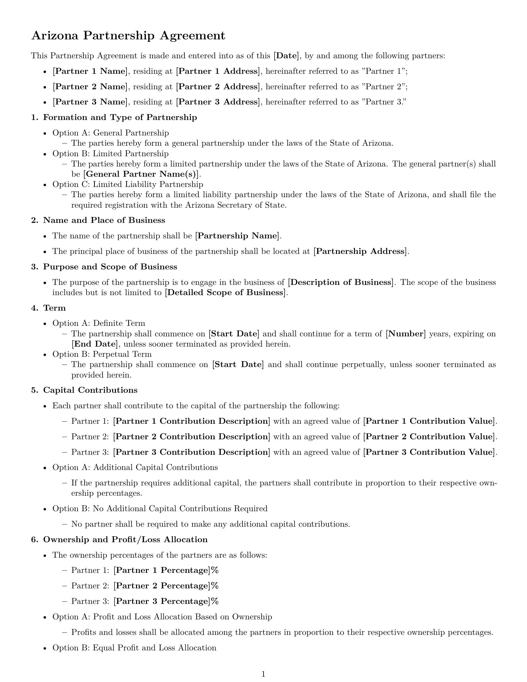 Preview page 1 of Free Arizona partnership agreement template