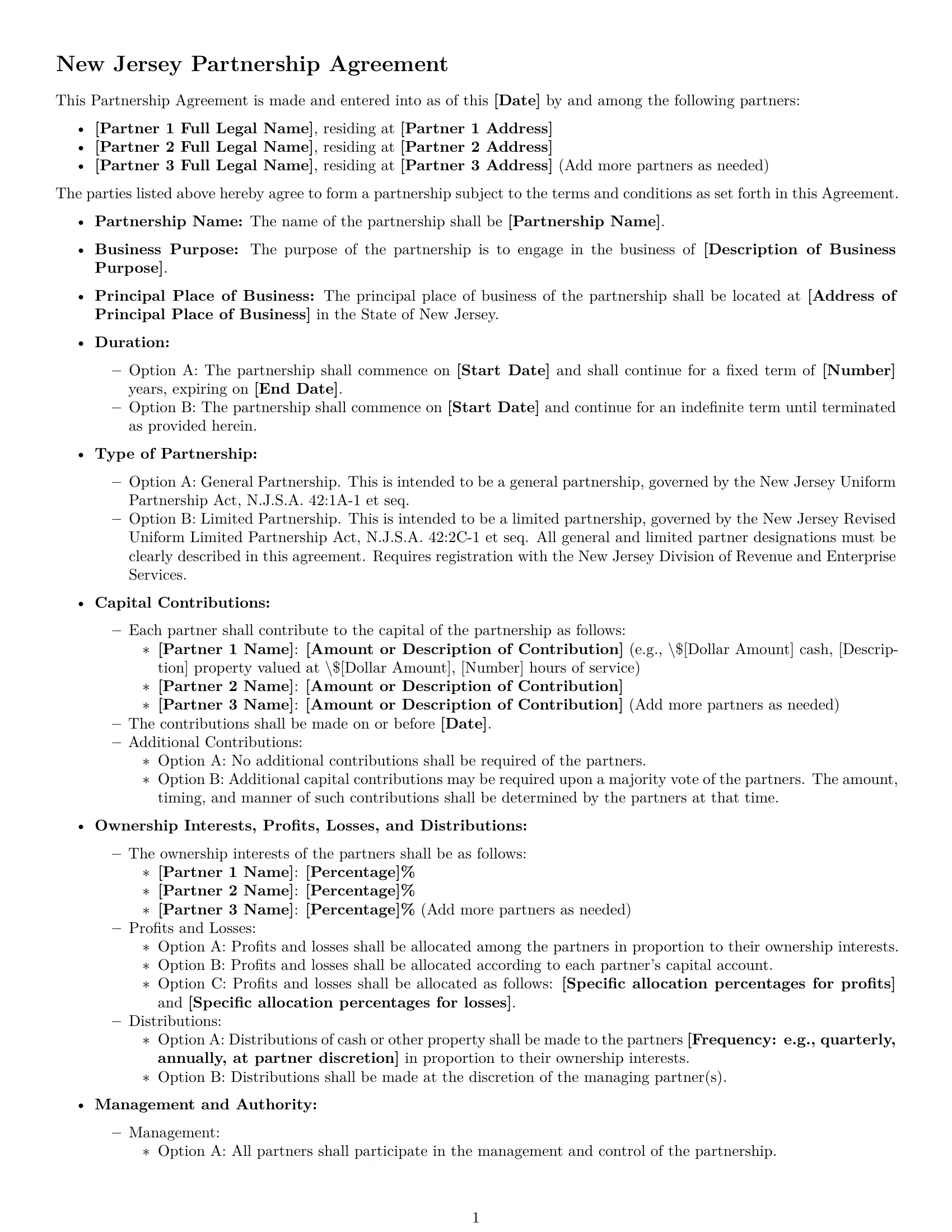 Preview page 1 of Free New Jersey partnership agreement template