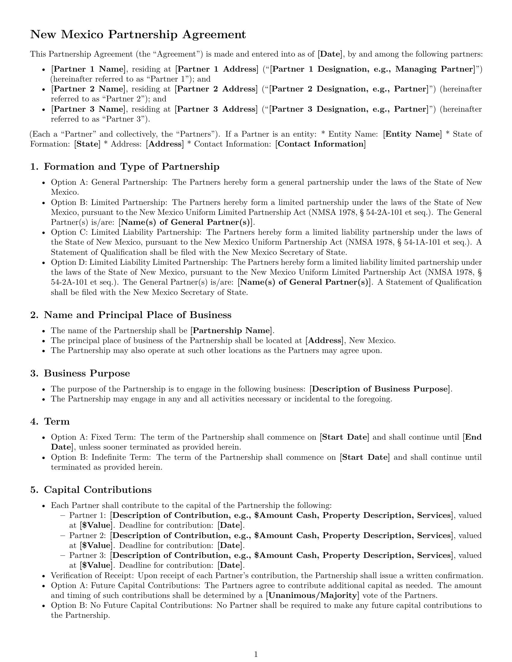 Preview page 1 of Free New Mexico partnership agreement template