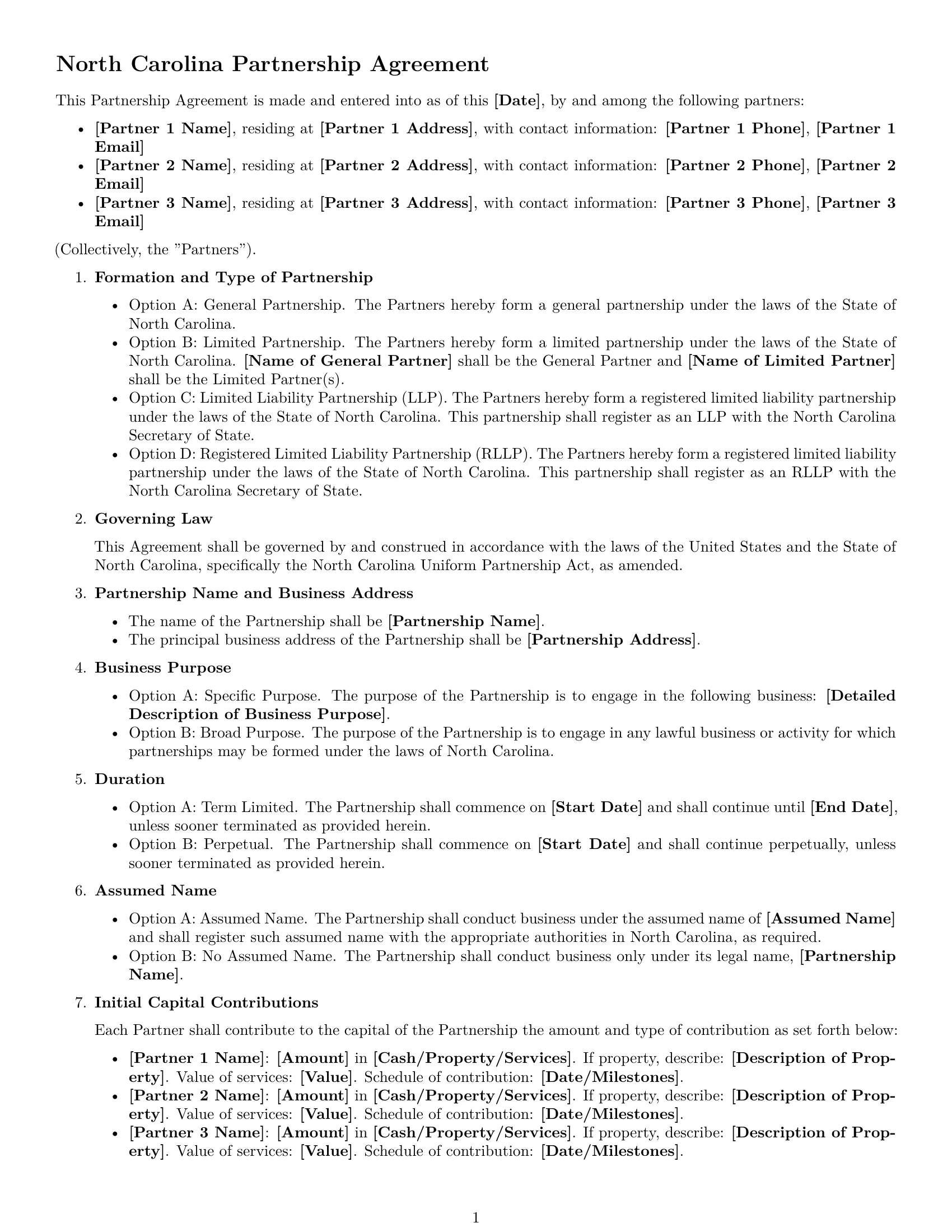 Preview page 1 of Free North Carolina partnership agreement template