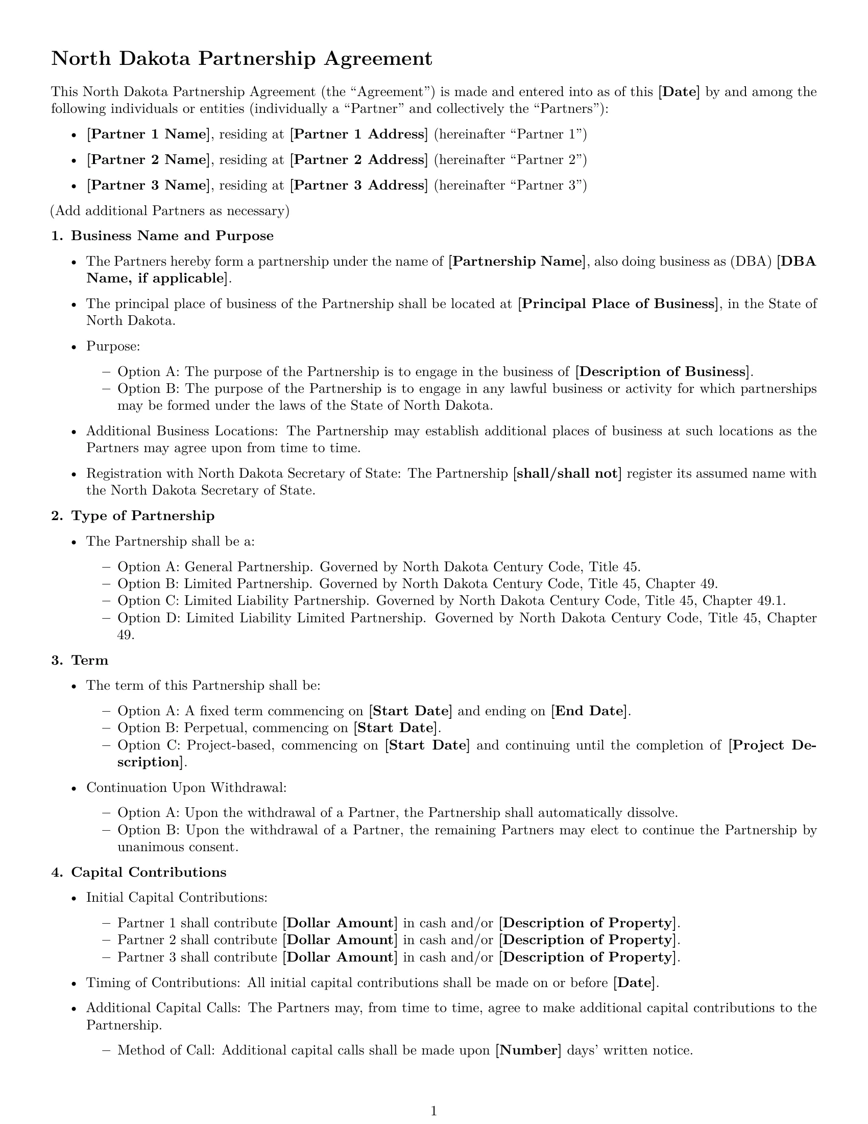 Preview page 1 of Free North Dakota partnership agreement template