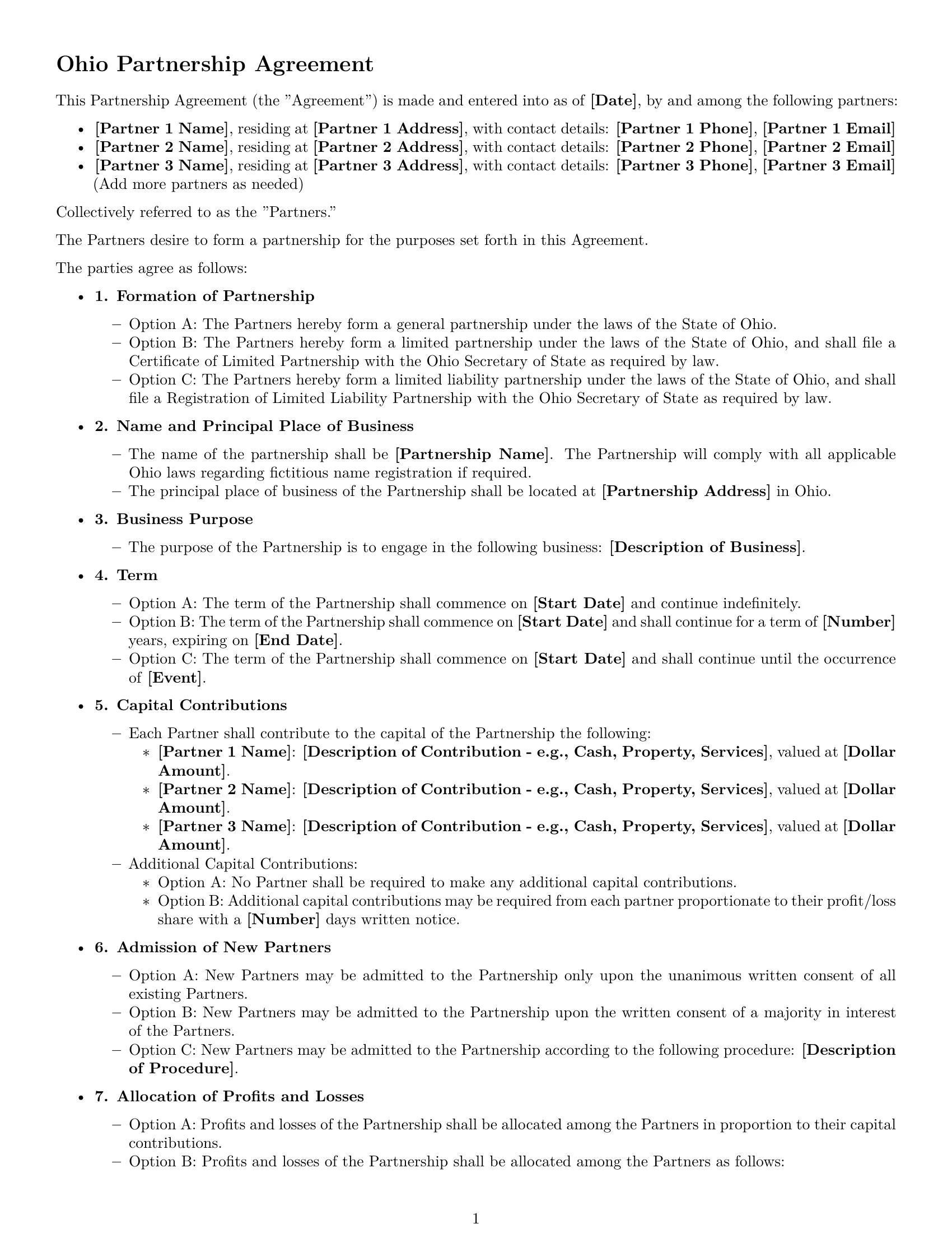 Preview page 1 of Free Ohio partnership agreement template