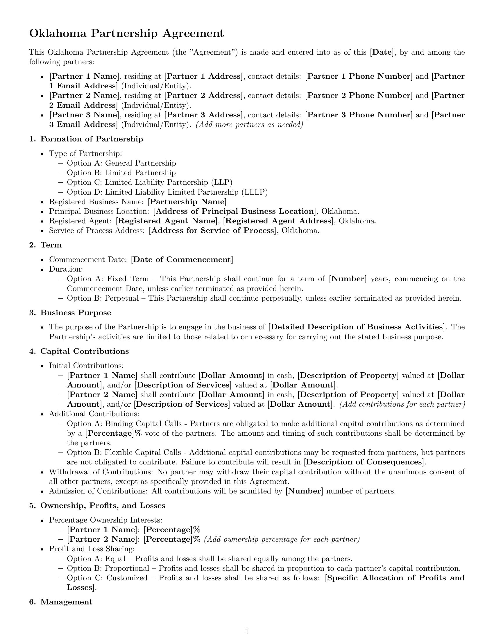 Preview page 1 of Free Oklahoma partnership agreement template