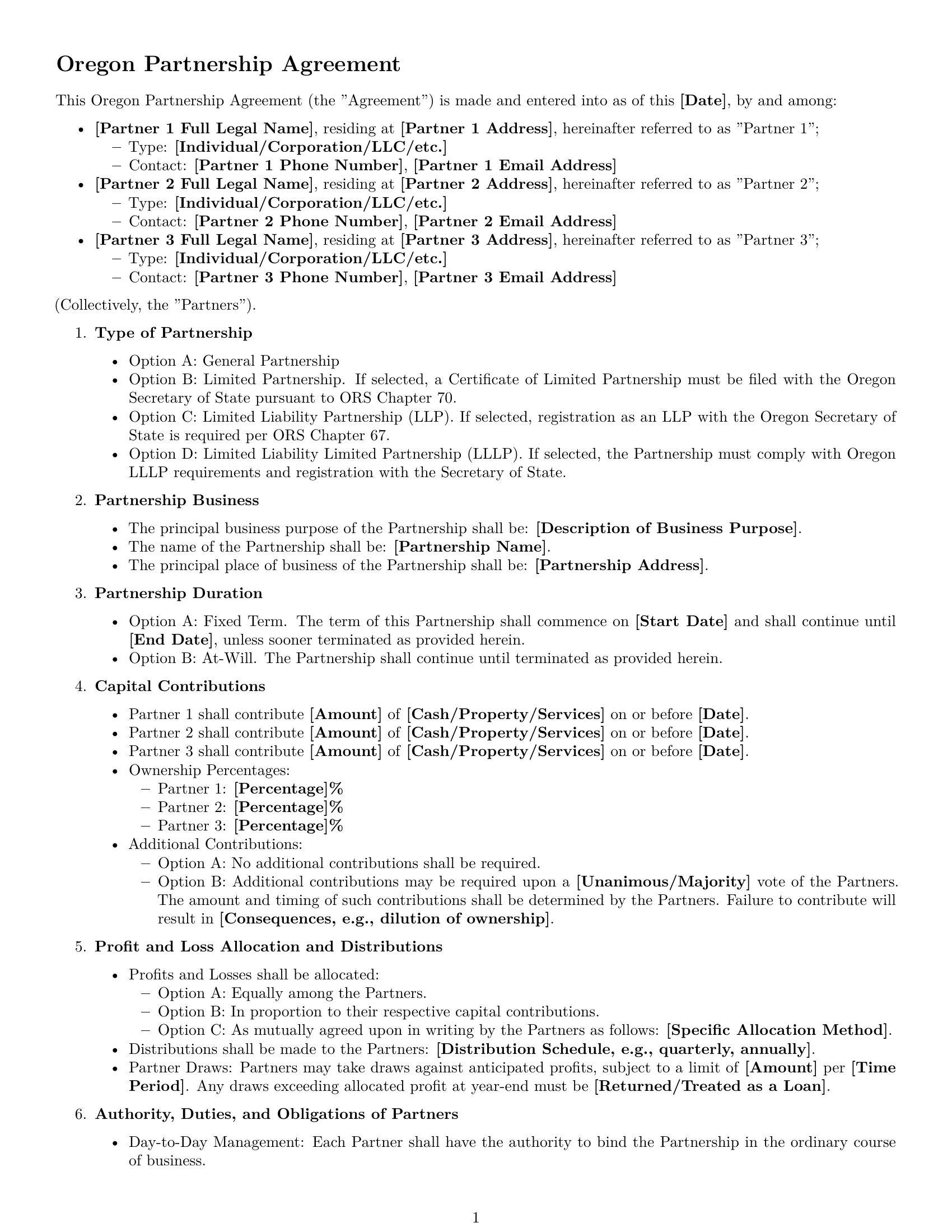 Preview page 1 of Free Oregon partnership agreement template