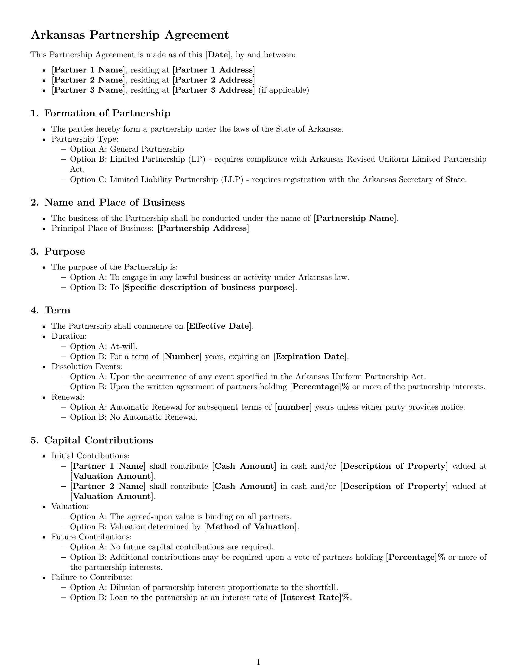 Preview page 1 of Free Arkansas partnership agreement template