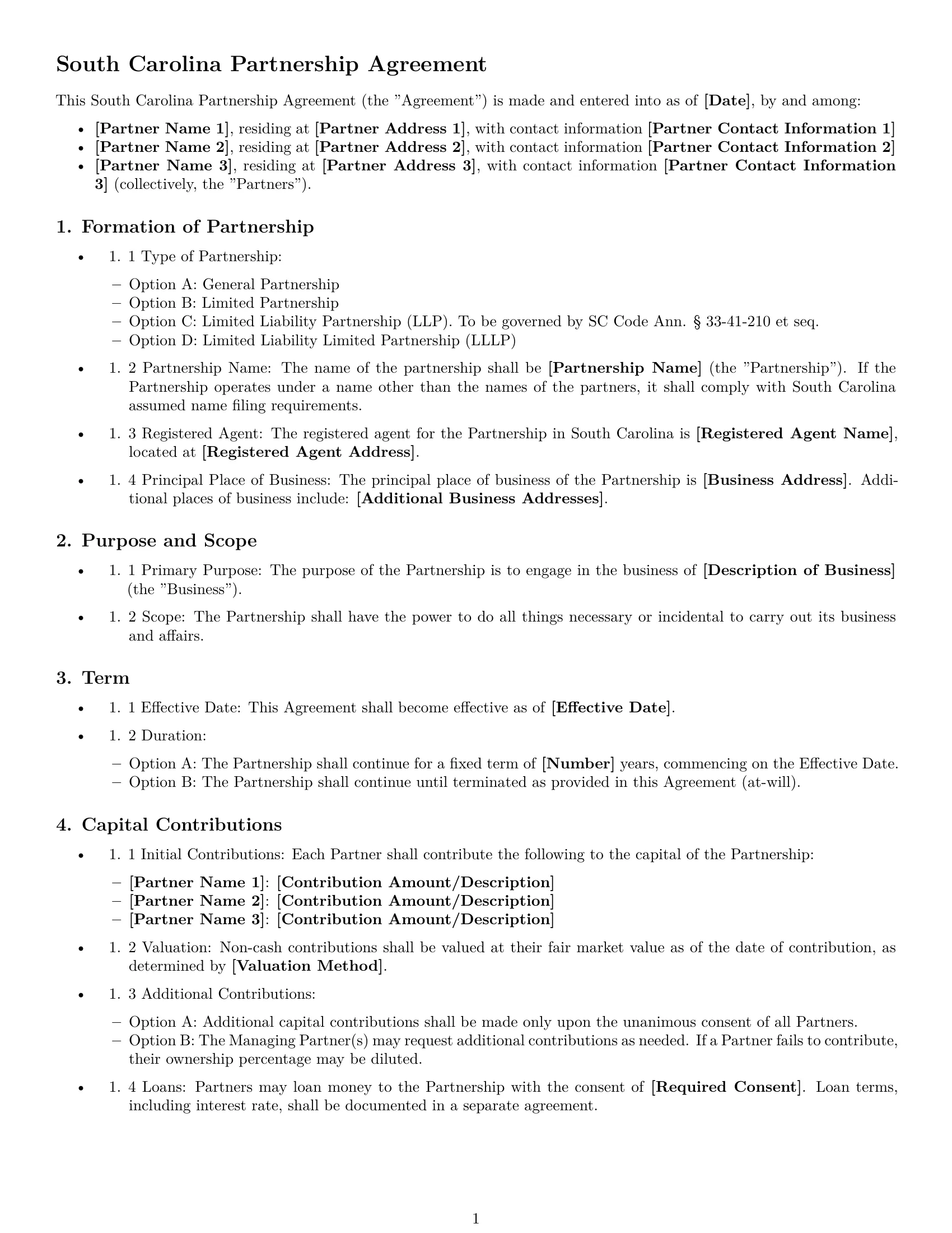 Preview page 1 of Free South Carolina partnership agreement template