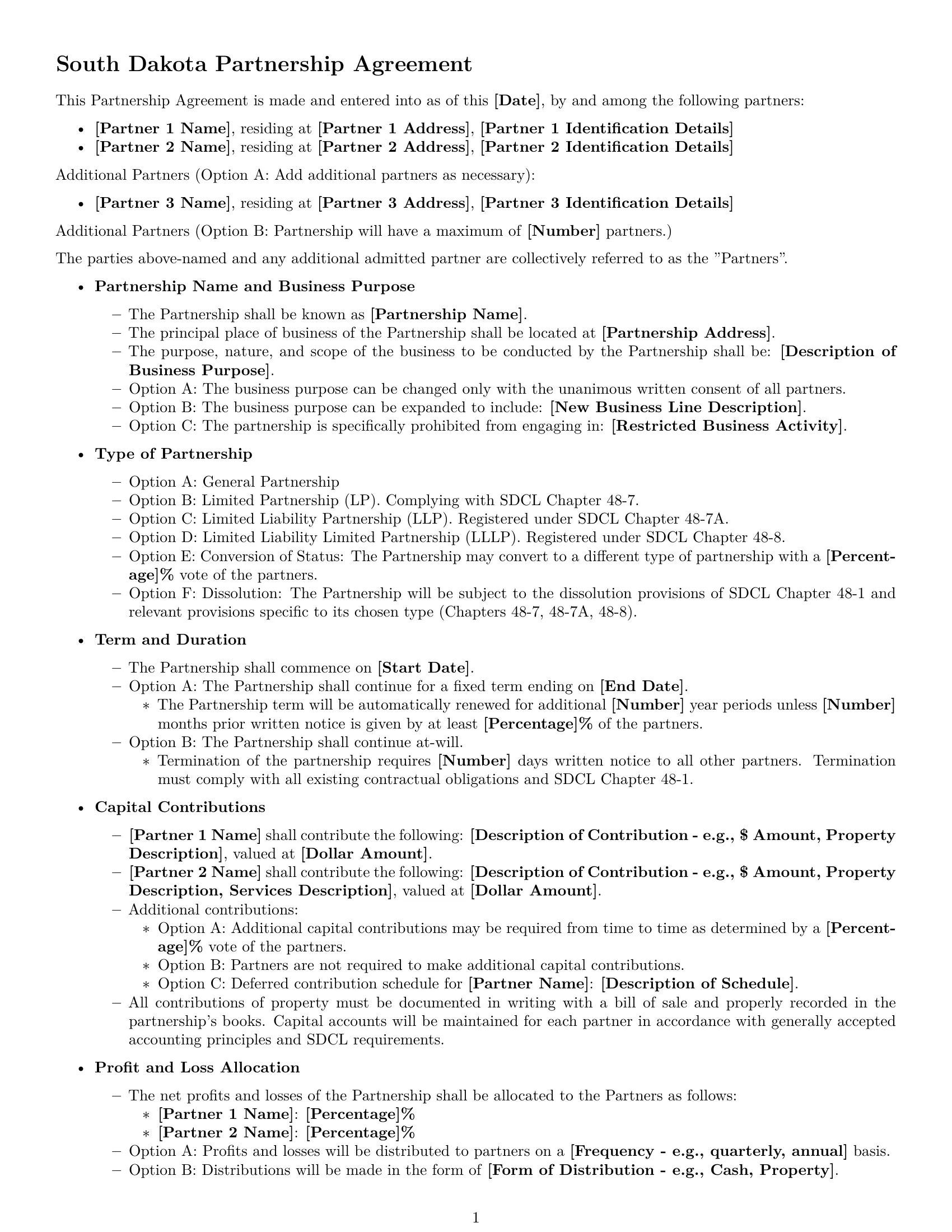 Preview page 1 of Free South Dakota partnership agreement template