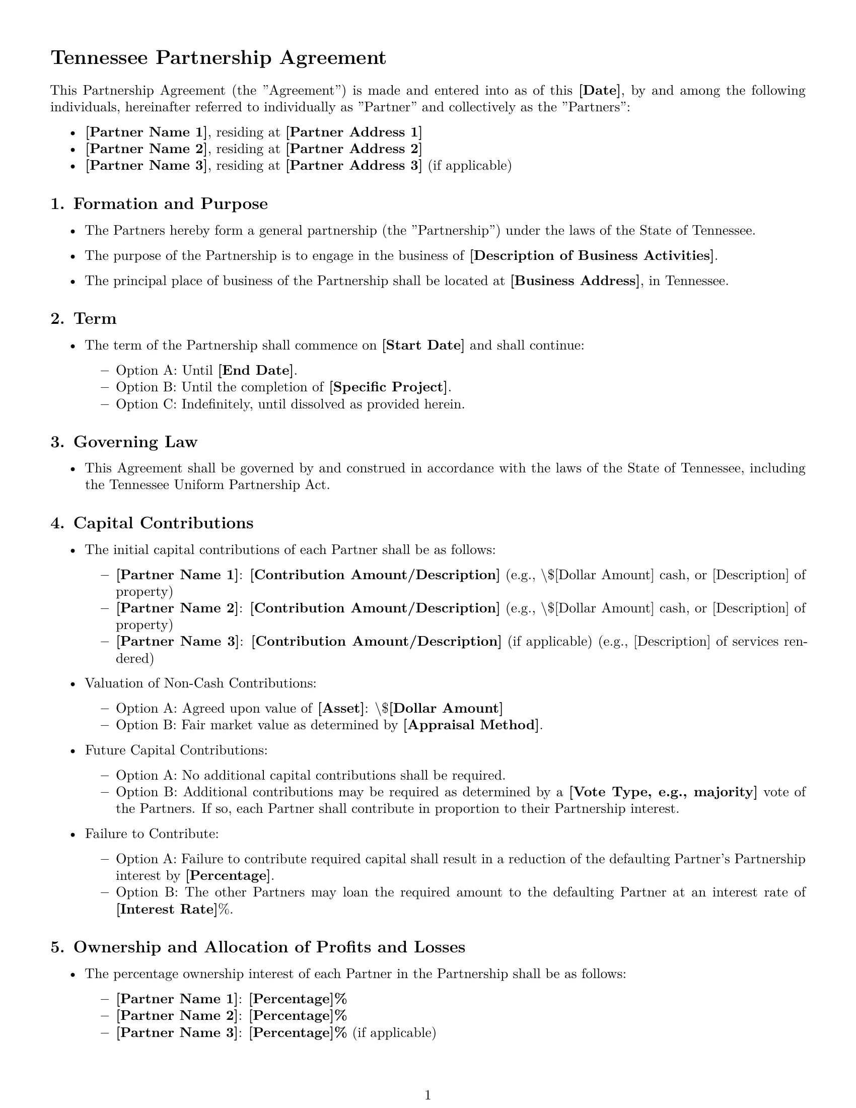 Preview page 1 of Free Tennessee partnership agreement template