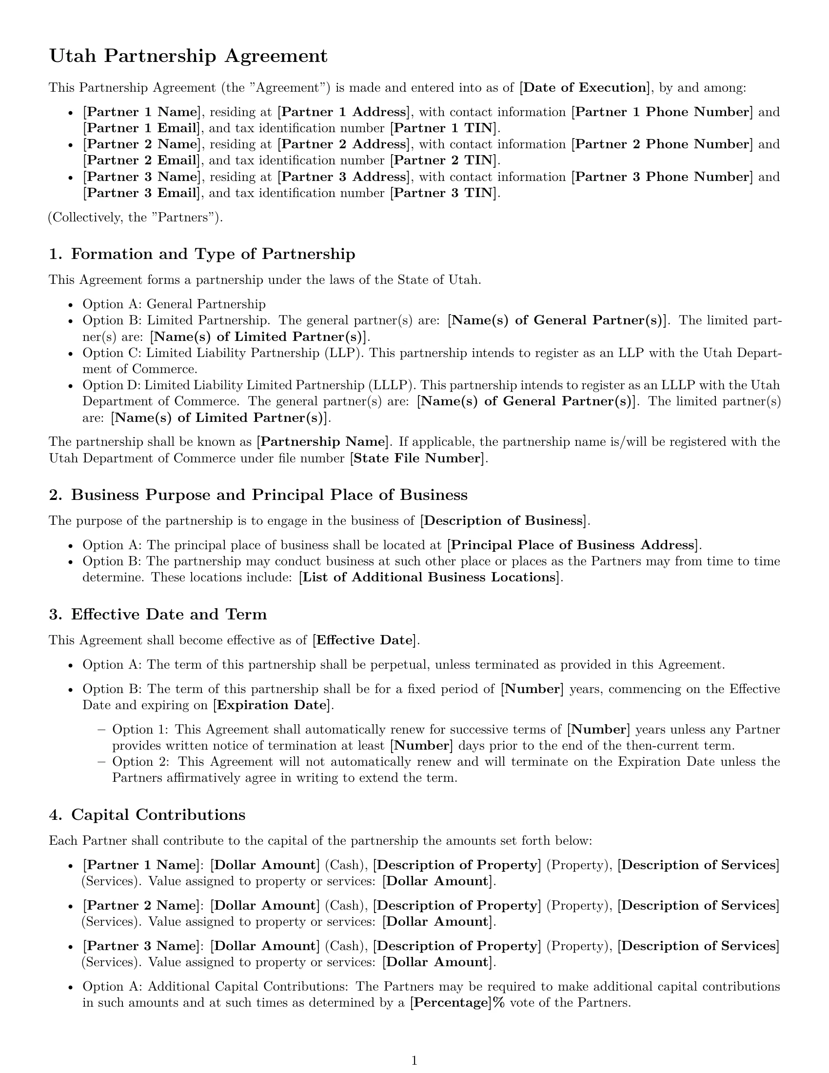 Preview page 1 of Free Utah partnership agreement template