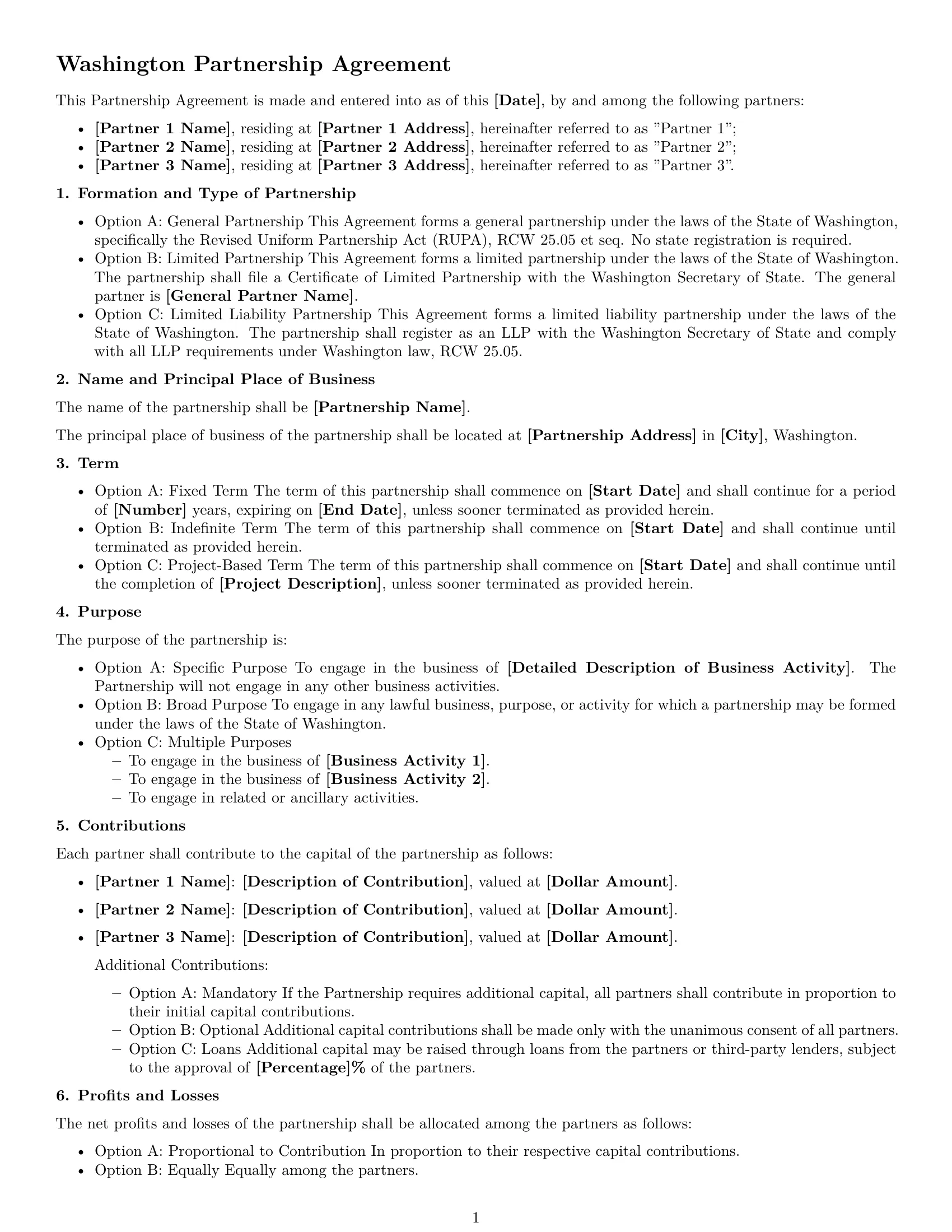 Preview page 1 of Free Washington partnership agreement template