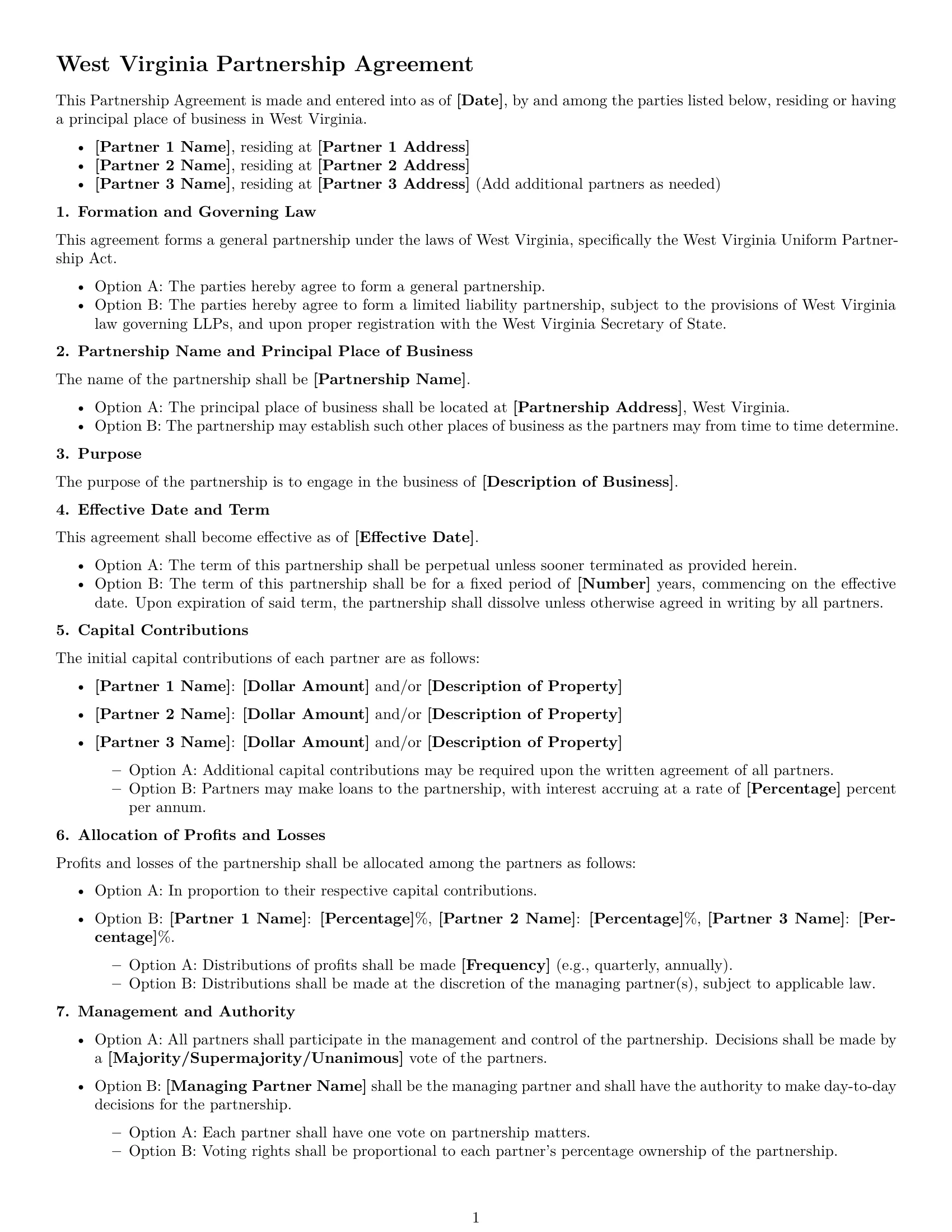 Preview page 1 of Free West Virginia partnership agreement template
