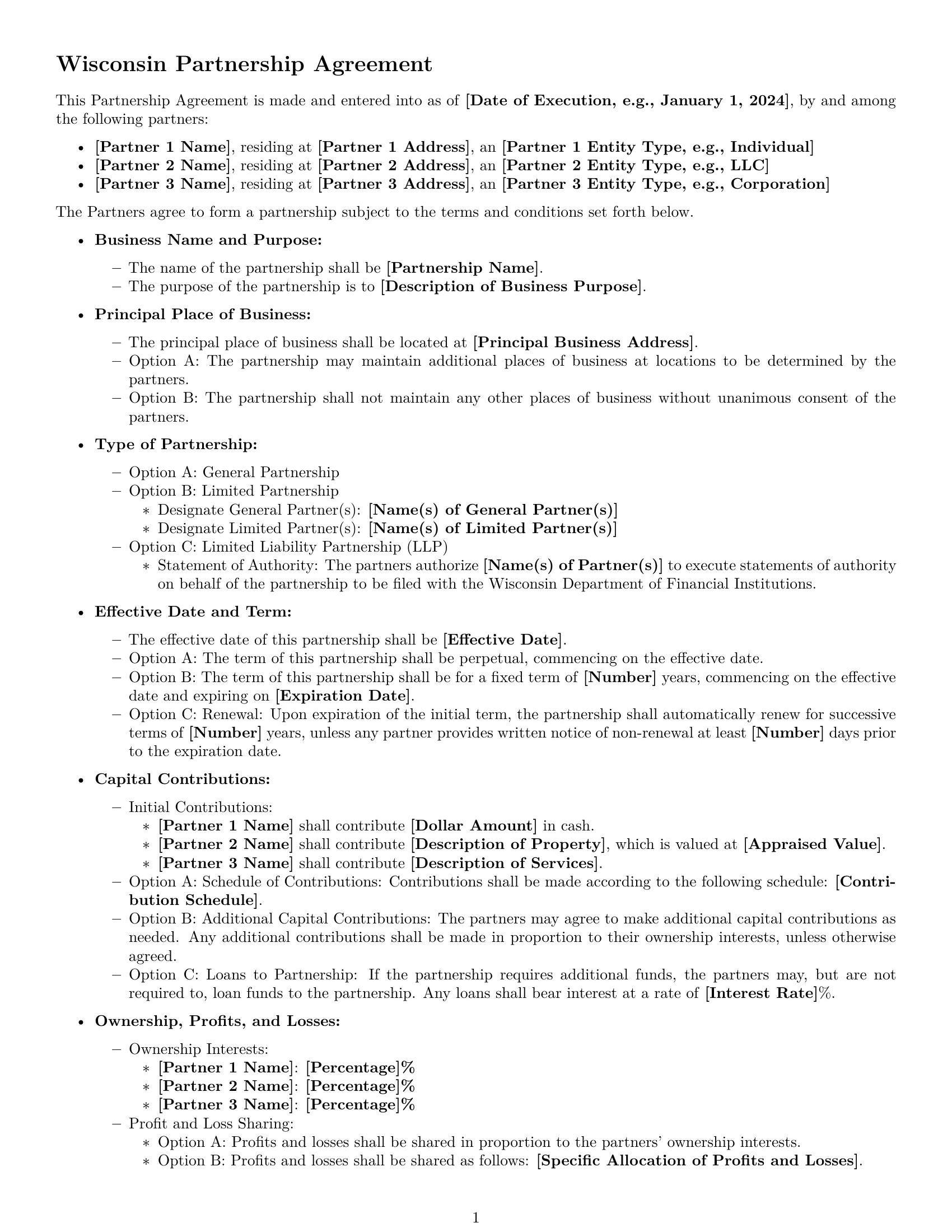 Preview page 1 of Free Wisconsin partnership agreement template