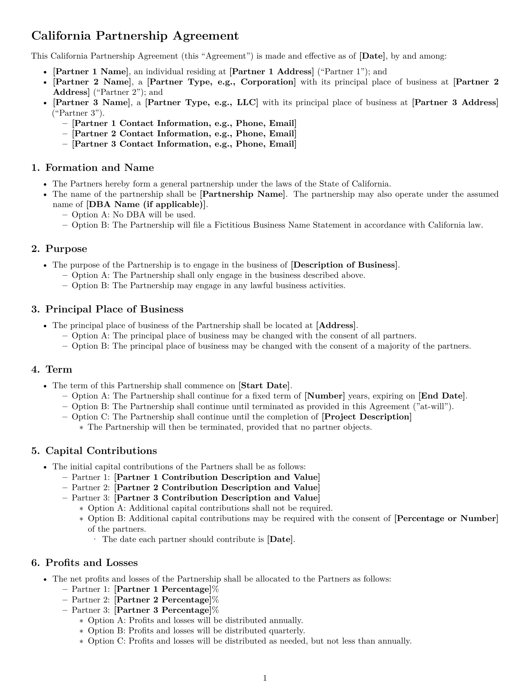 Preview page 1 of Free California partnership agreement template