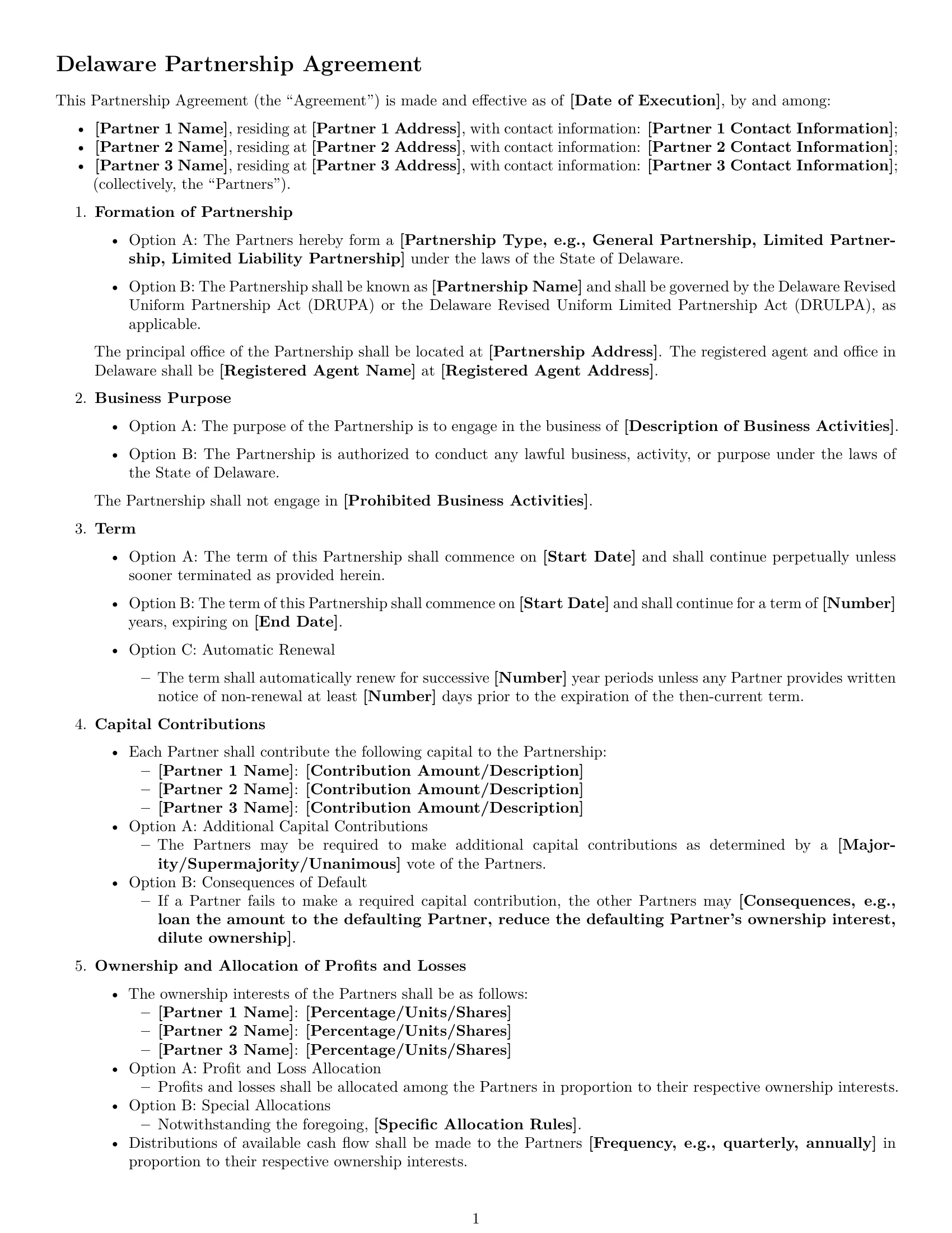 Preview page 1 of Free Delaware partnership agreement template