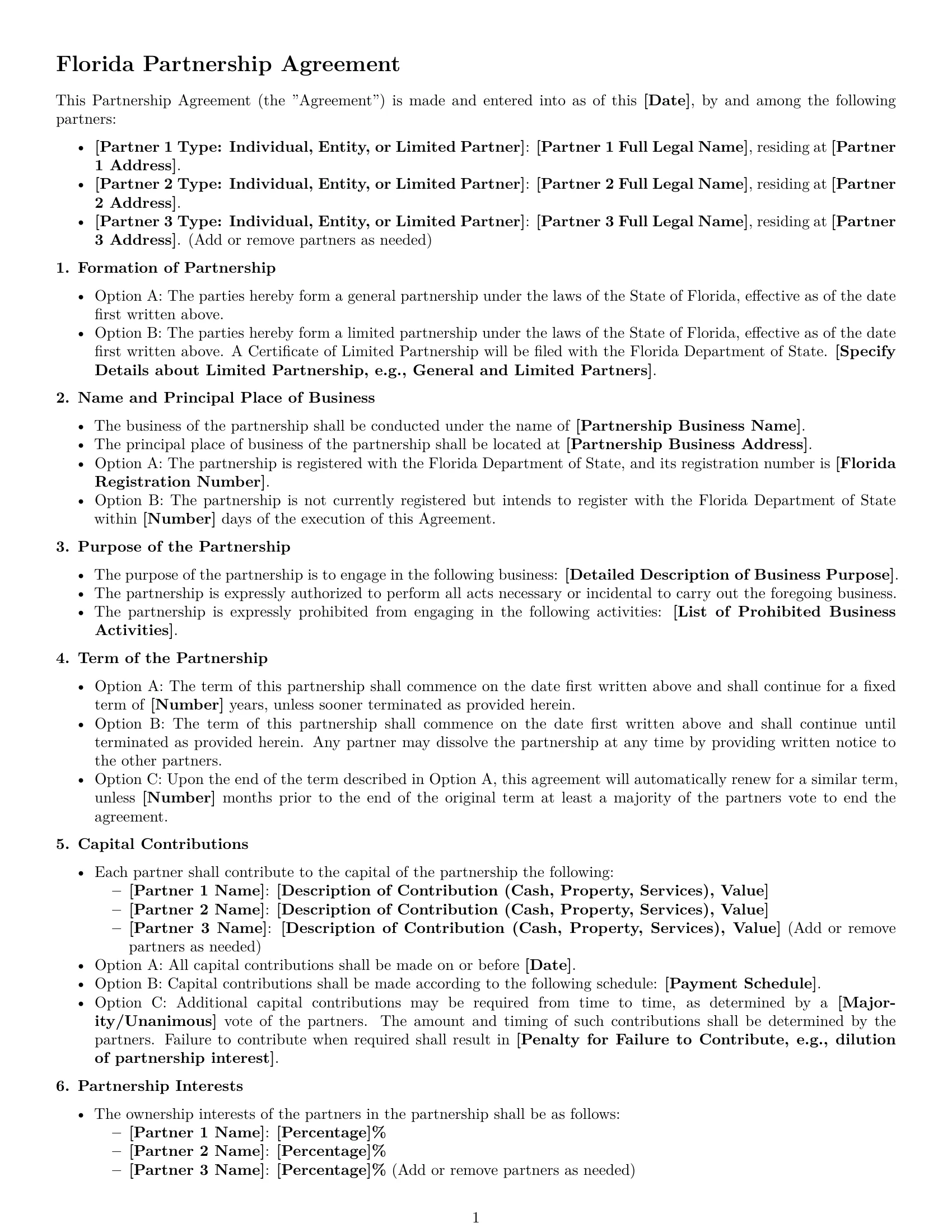 Preview page 1 of Free Florida partnership agreement template