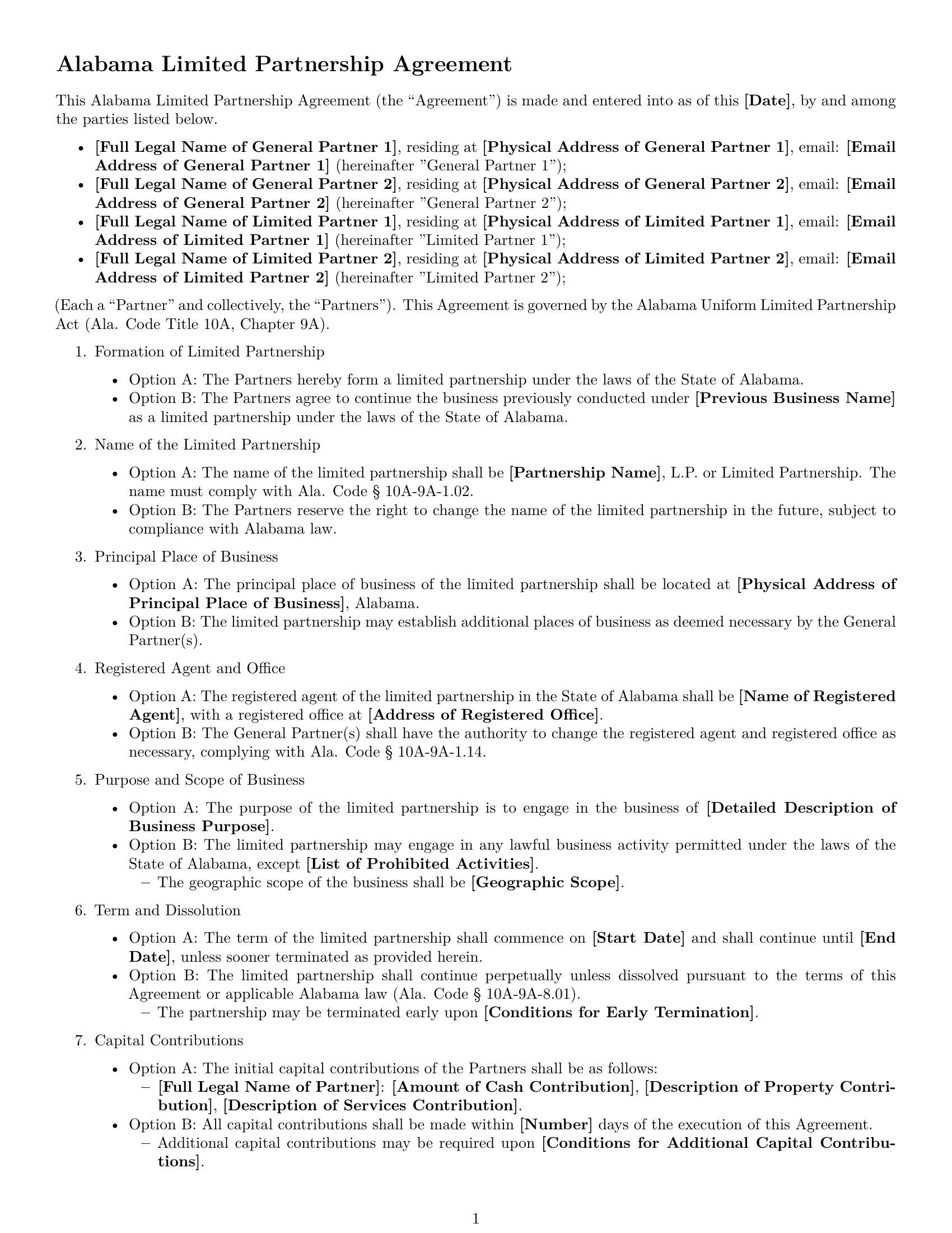 Preview page 1 of Free Alabama limited partnership agreement template