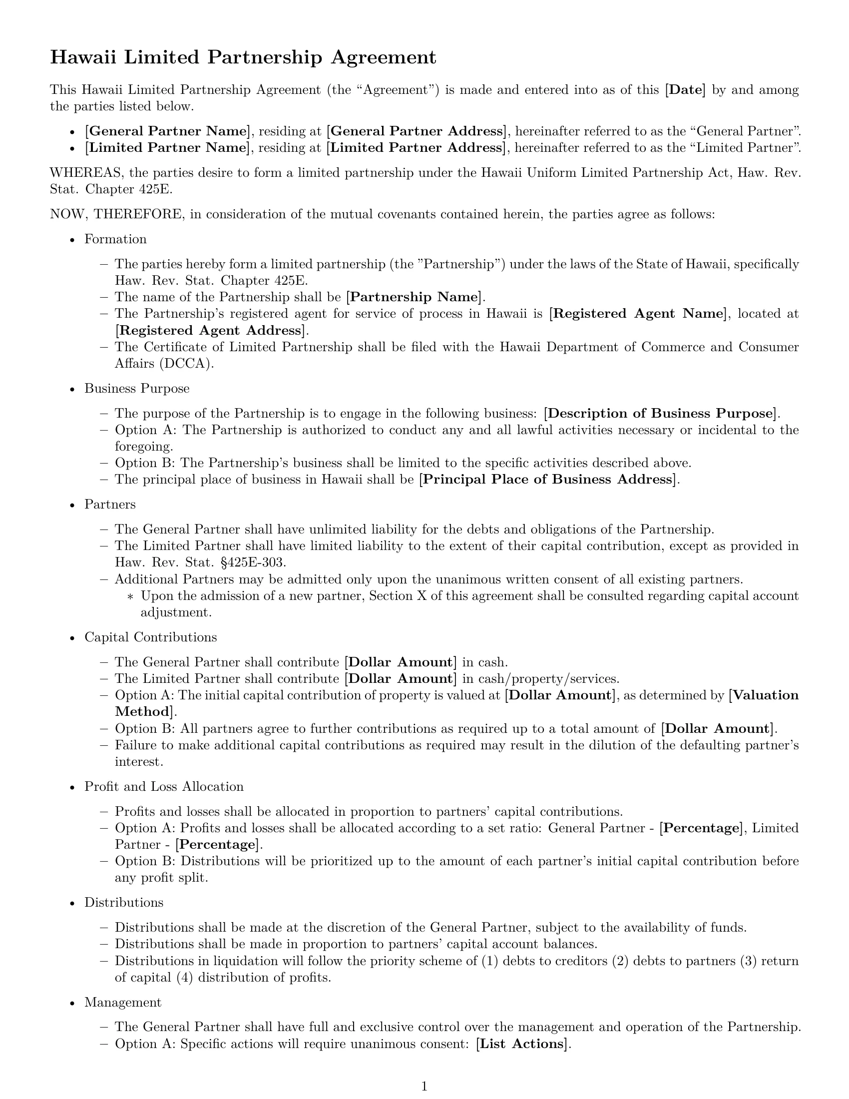 Preview page 1 of Free Hawaii limited partnership agreement template
