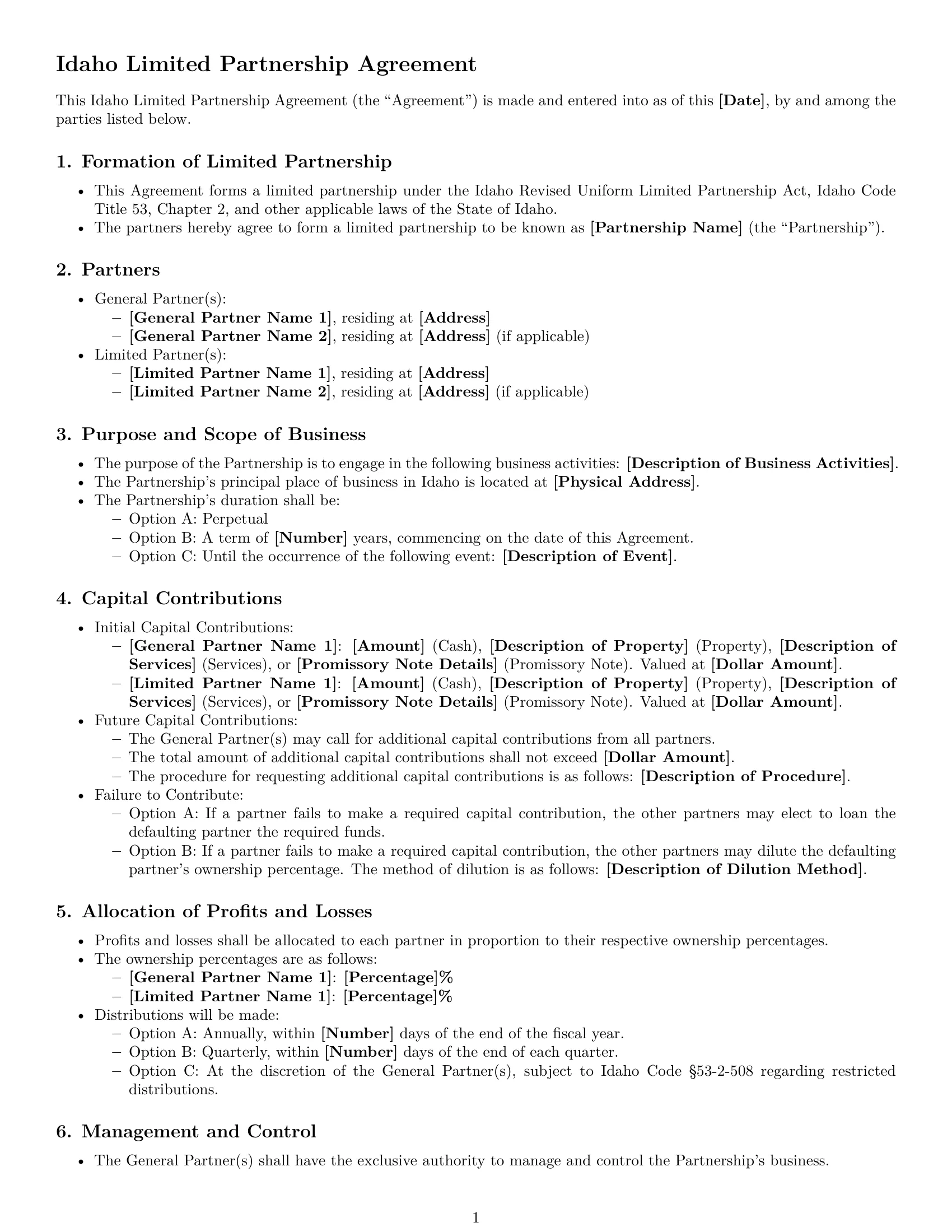 Preview page 1 of Free Idaho limited partnership agreement template