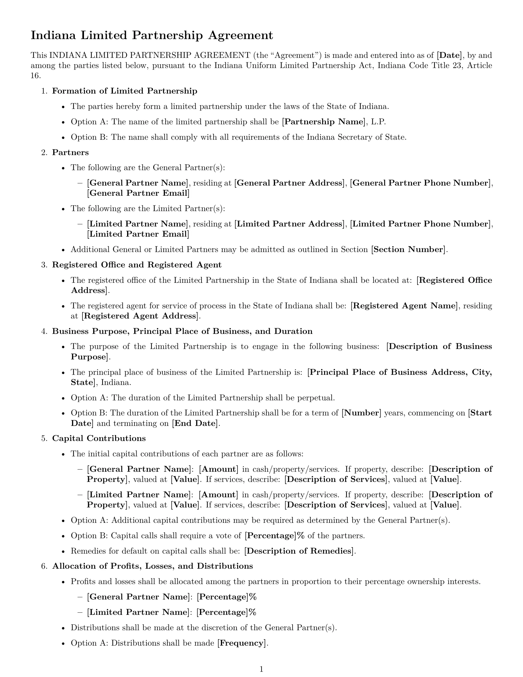 Preview page 1 of Free Indiana limited partnership agreement template