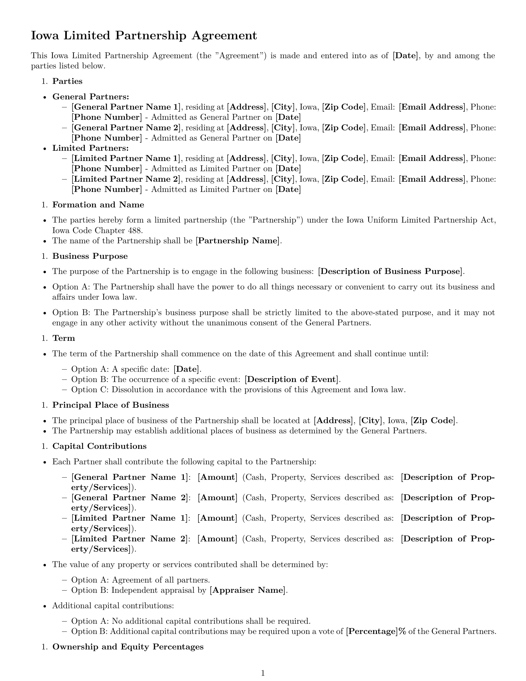 Preview page 1 of Free Iowa limited partnership agreement template