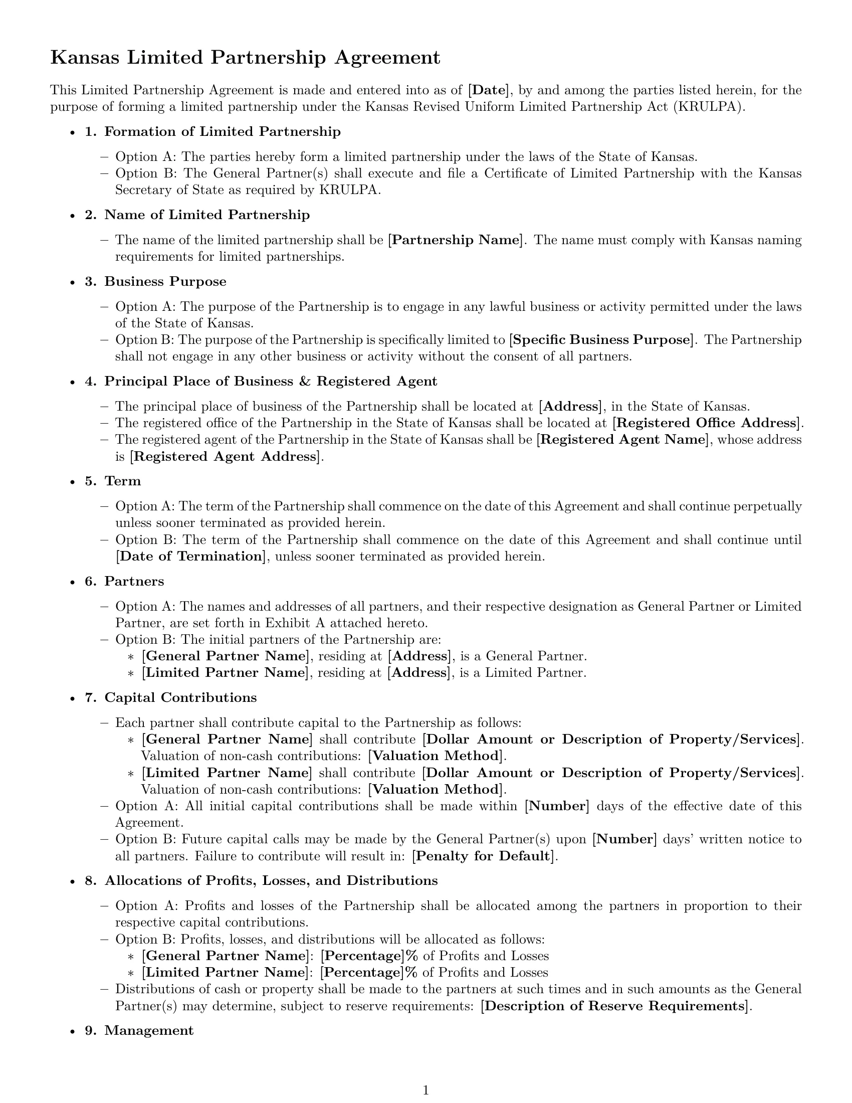 Preview page 1 of Free Kansas limited partnership agreement template