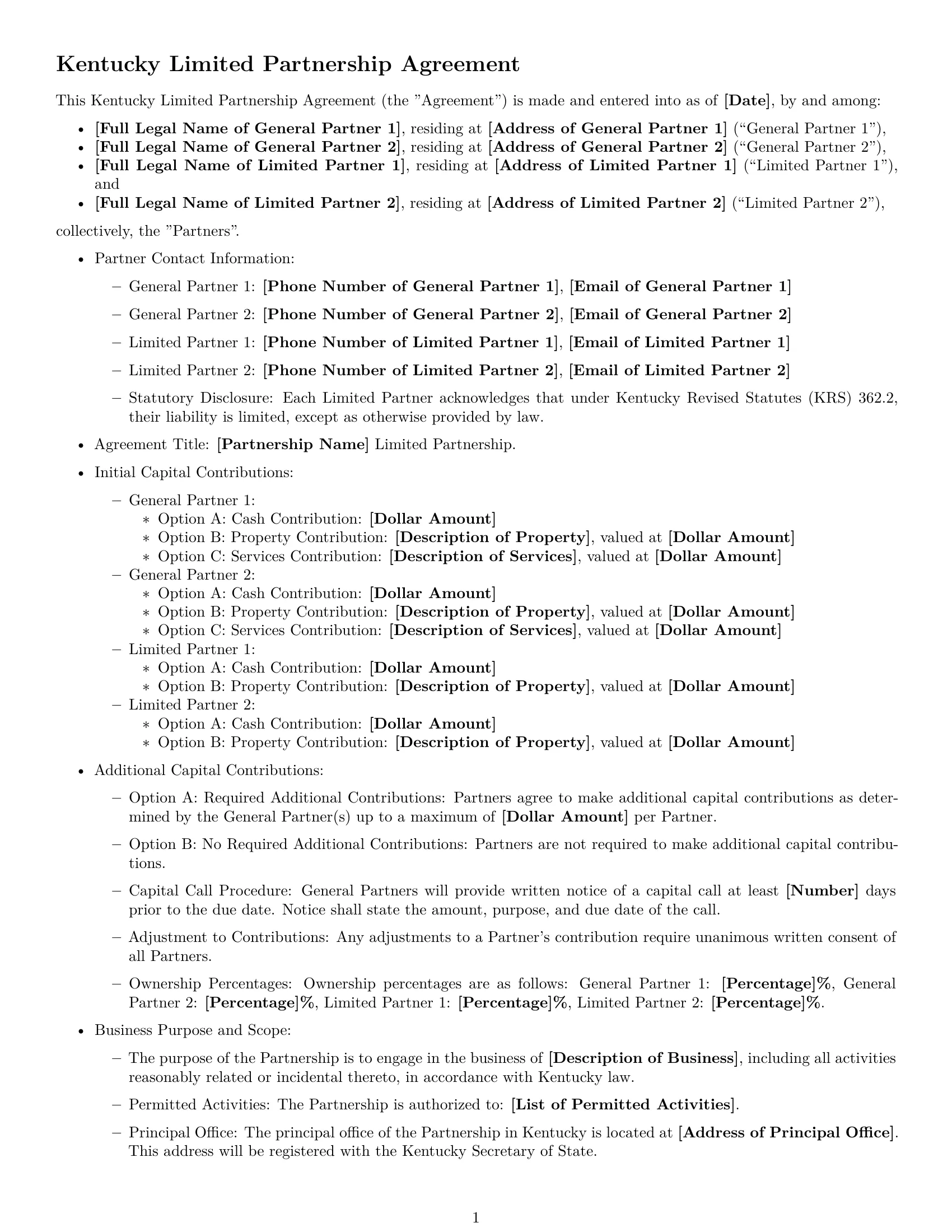 Preview page 1 of Free Kentucky limited partnership agreement template